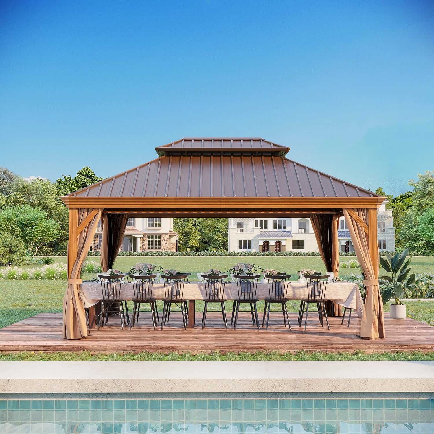 12'x16' Hardtop Gazebo, Outdoor Aluminum Patio Gazebo Double Roof Galvanized Steel Canopy Wooden Finish Coated with Netting and Curtains for Garden, Backyard, Deck and Lawns.