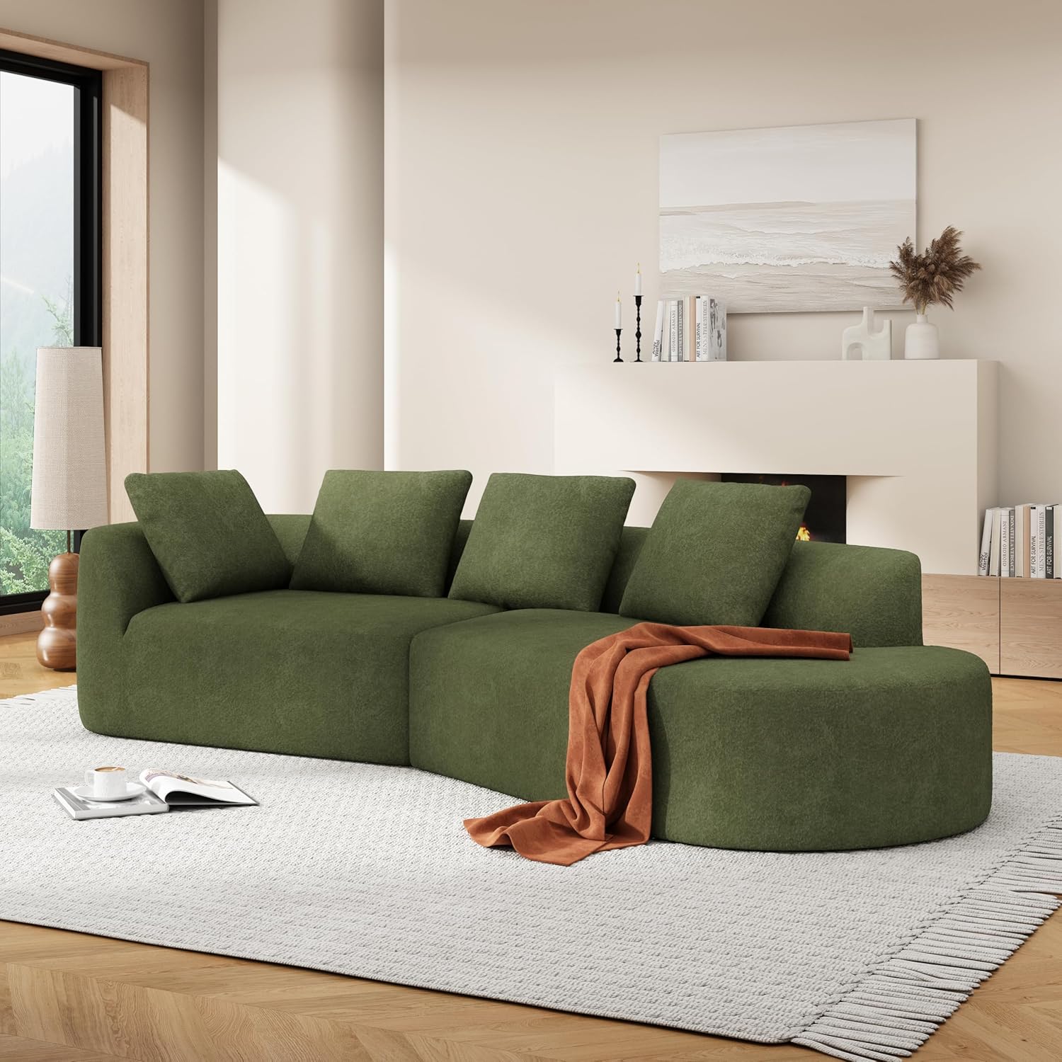 Merax 116' Curved Polyester Sectional Sofa, Modern Pearl Upholstery 3 Seat Cloud Couch with Chaise Lounge & 4 Pillows for Living Room, Green