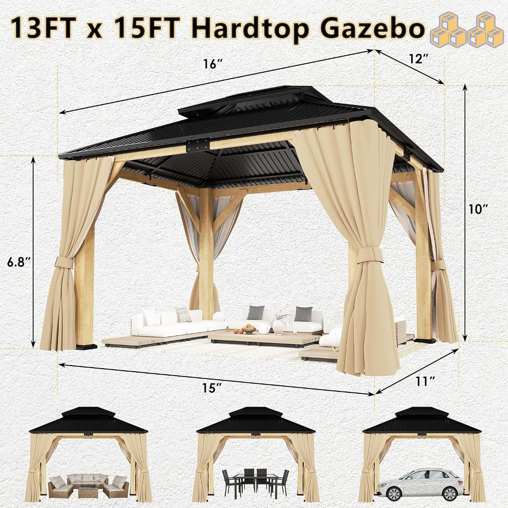 ROCSUMOO 13'x 15' Outdoor Wooden Gazebo, Patio Hardtop Gazebos with Double Roof, Double Galvanized Steel Hardtop Roof Wood Frame with Netting and Curtains (13'x 15')