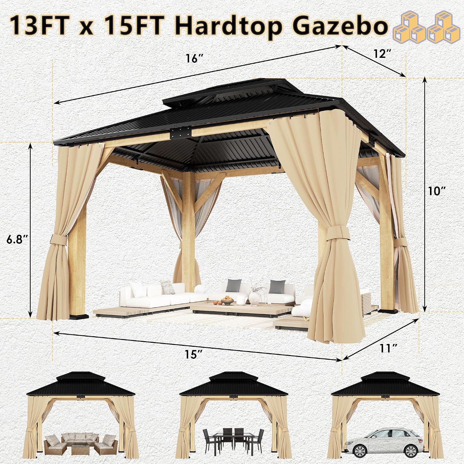 ROCSUMOO 13'x 15' Outdoor Wooden Gazebo, Patio Hardtop Gazebos with Double Roof, Double Galvanized Steel Hardtop Roof Wood Frame with Netting and Curtains (13'x 15')