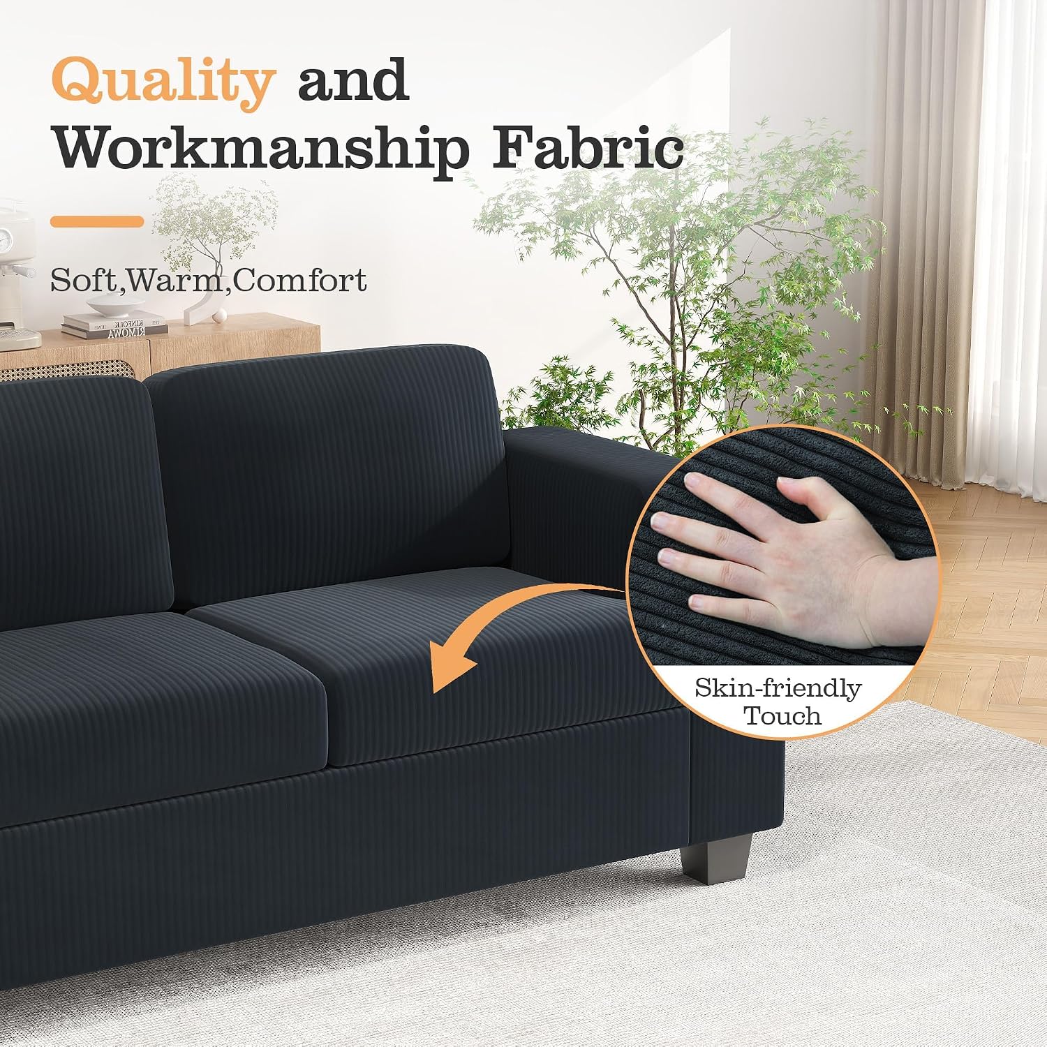 Apicizon Modern Loveseat & 3-Seater Sofa Set of 3, Corduroy Couch 3 Piece Sofa Set for Living Room, Modern Lounge Sofa Couches for Apartment Lounge, Black Corduroy