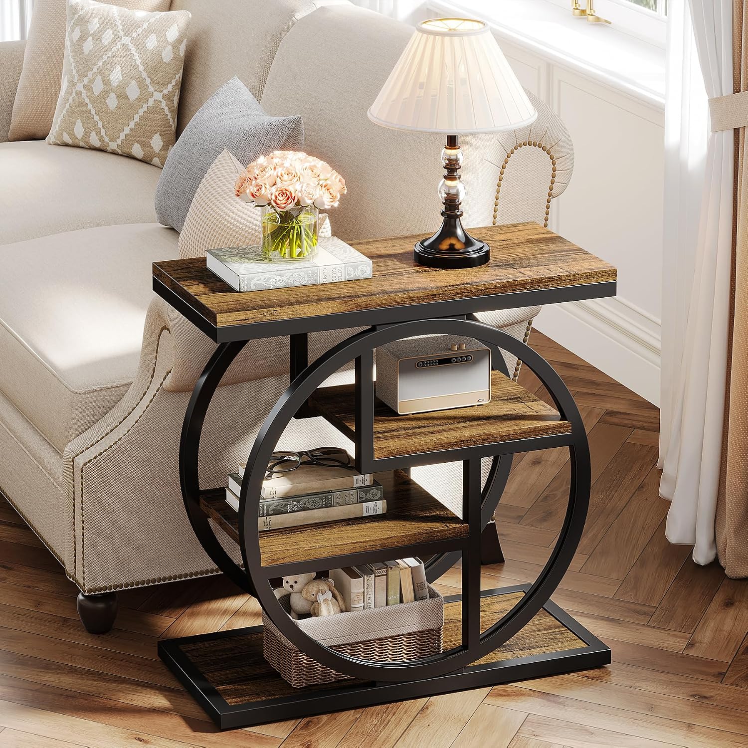Tribesigns End Table Set of 2, 4-Tier Narrow Side Table with Storage Shelves, Wood Small Sofa Side Table with Geometric Metal Frame, Industrial Bedside Table for Bedroom, Living Room, Rustic Brown