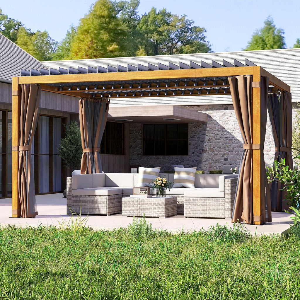 Outsunny 10' x 13' Louvered Pergola Hardtop Gazebo with Adjustable Aluminum Roof and Frame, Outdoor Pergola with Curtains and Netting, for Garden, Lawn, Backyard, and Deck, Natural Wood