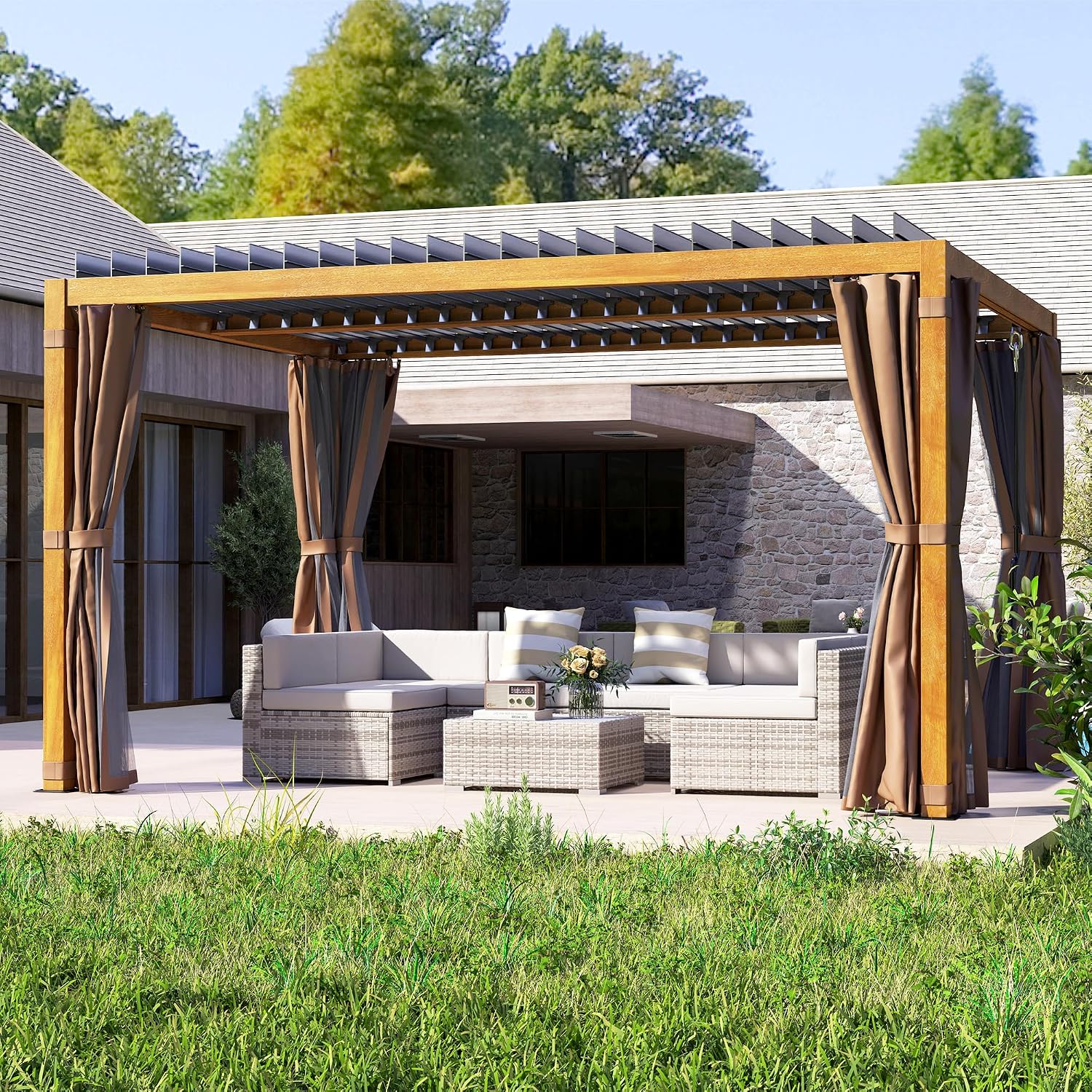 Outsunny 10' x 13' Louvered Pergola Hardtop Gazebo with Adjustable Aluminum Roof and Frame, Outdoor Pergola with Curtains and Netting, for Garden, Lawn, Backyard, and Deck, Natural Wood