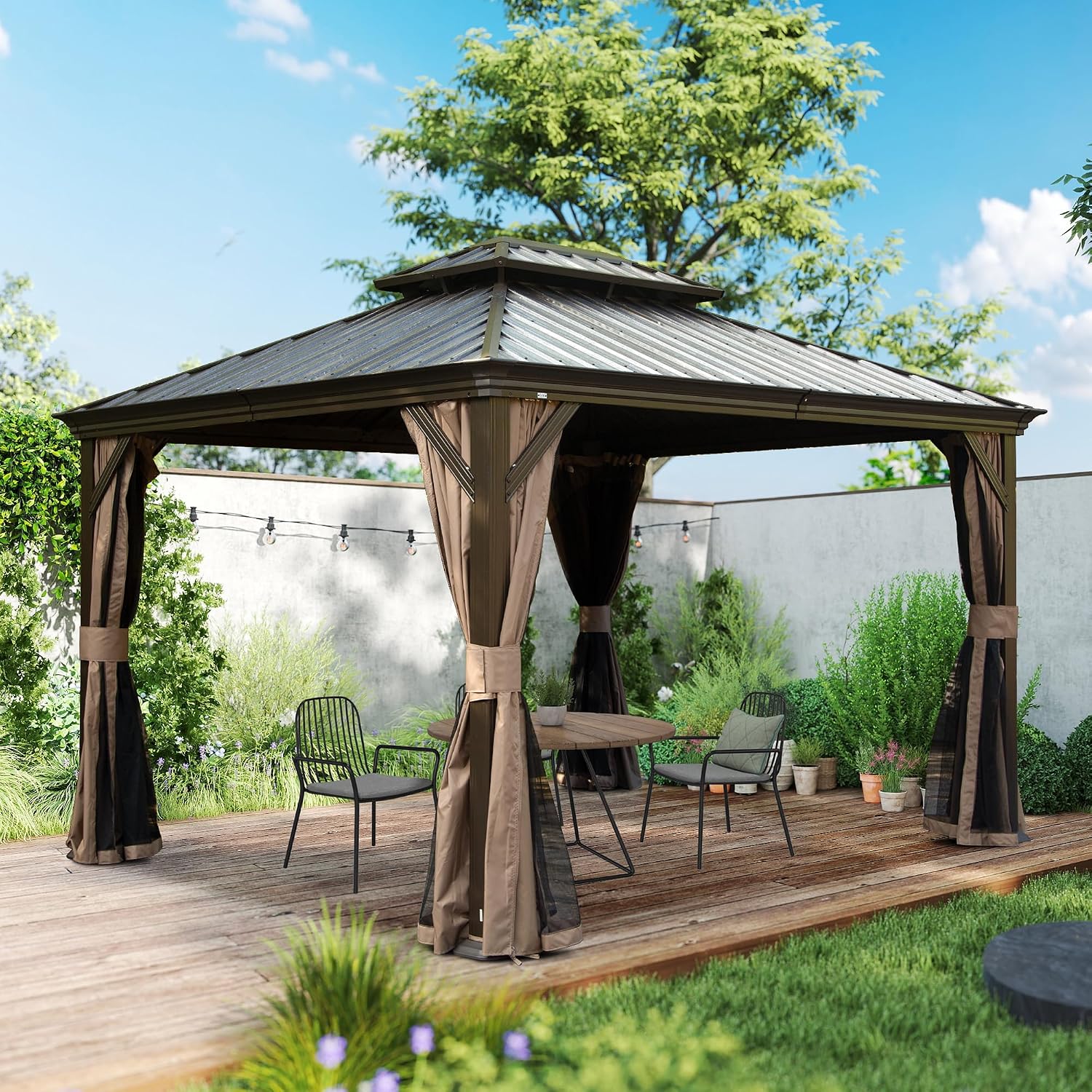 Domi 10x12FT Hardtop Gazebo, Outdoor Gazebo with Double Galvanized Steel Roof, Metal Pavilion Shelter for Patio, Lawn and Garden, Detachable Curtain and Netting Included, Brown