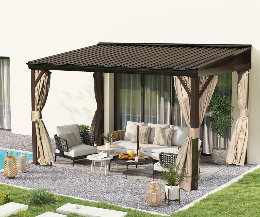Domi 8x12FT Lean to Gazebo, Aluminum Wall Mounted Gazebo with Sloping Galvanized Steel Roof, Curtains and Netting, Outdoor Hardtop Shelter for Patio, Deck, Garden, Backyard