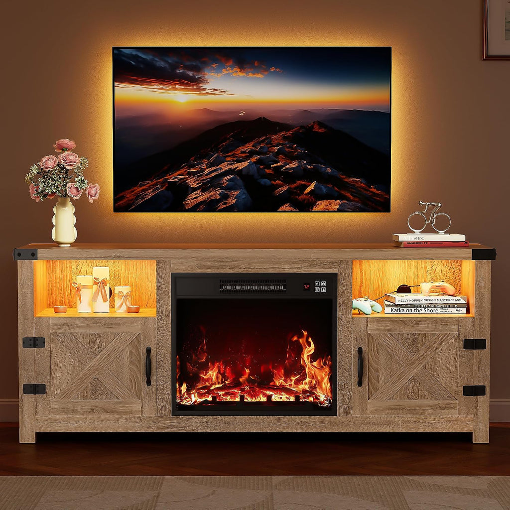 YESHOMY LED Fireplace TV Stand with Mood Lighting, TV Cabinet with Open Shelf, Farmhouse Media Console with Hidden Cable Routing, Entertainment Center for Televisions up to 65+ Inch, Natural Oak