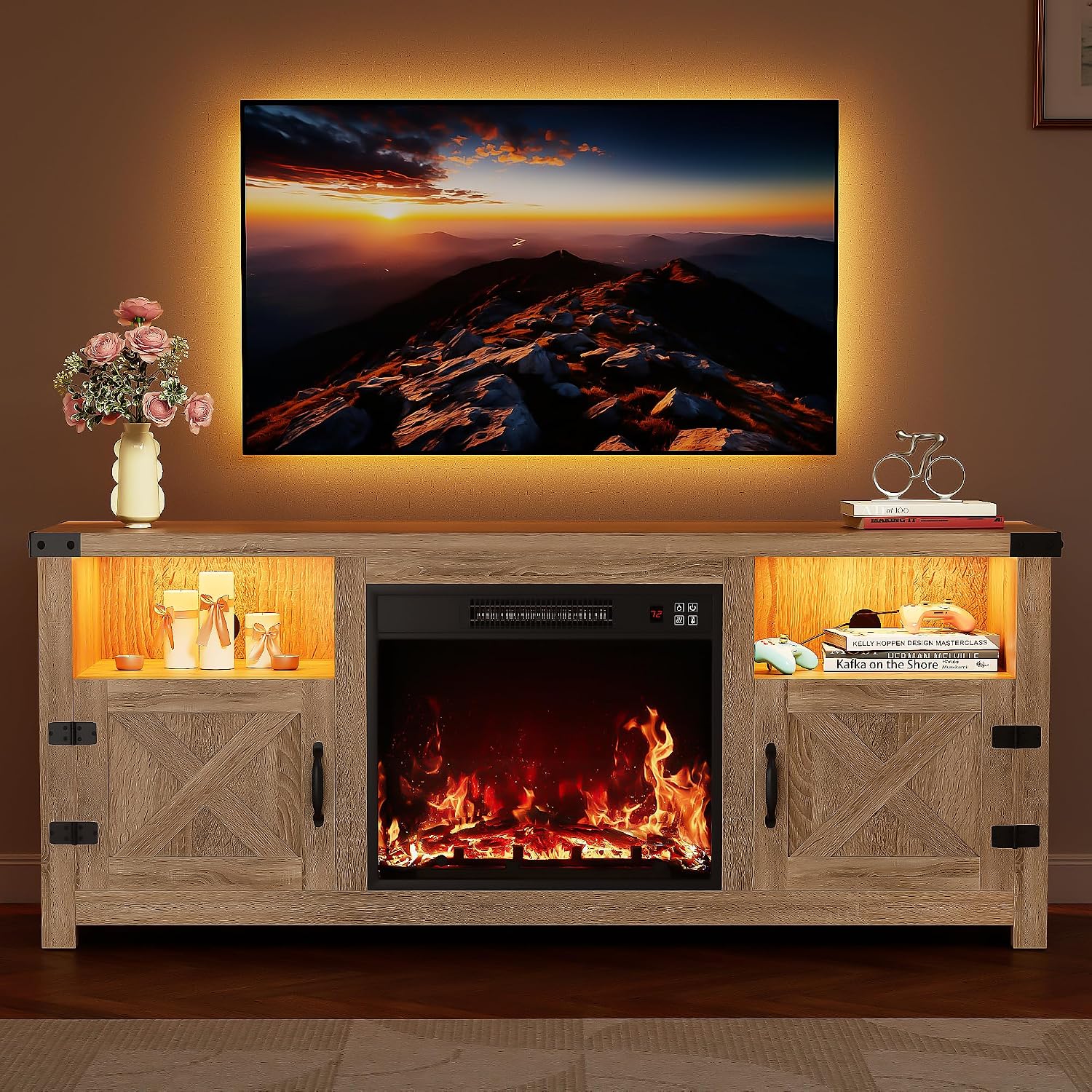 YESHOMY LED Fireplace TV Stand with Mood Lighting, TV Cabinet with Open Shelf, Farmhouse Media Console with Hidden Cable Routing, Entertainment Center for Televisions up to 65+ Inch, Natural Oak