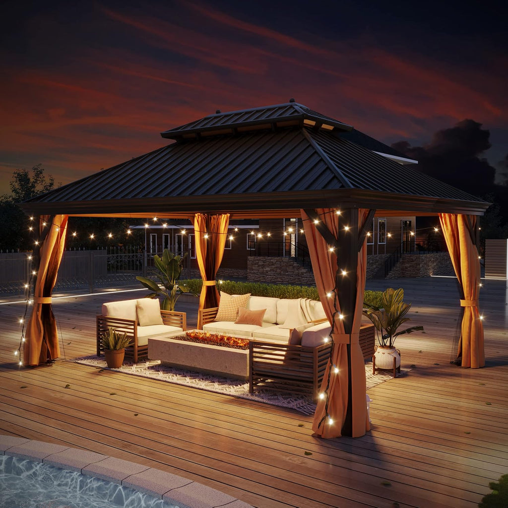 12'x16' Hardtop Gazebo Outdoor Aluminum Patio Double Roof Galvanized Steel Canopy with Netting and Curtains for Garden, Backyard, Deck and Lawns.