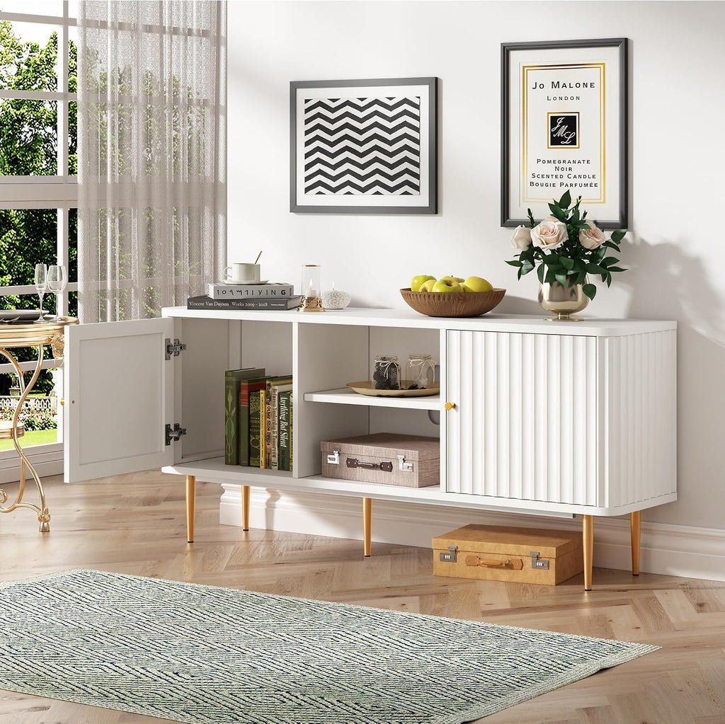 ARTPOWER 55' Fluted TV Stand, Mid Century Modern White TV Stand for 55/60/65 inch TV, Entertainment Center with Storage, Television Stands, TV Console, Media Console for Living Room, Bedroom