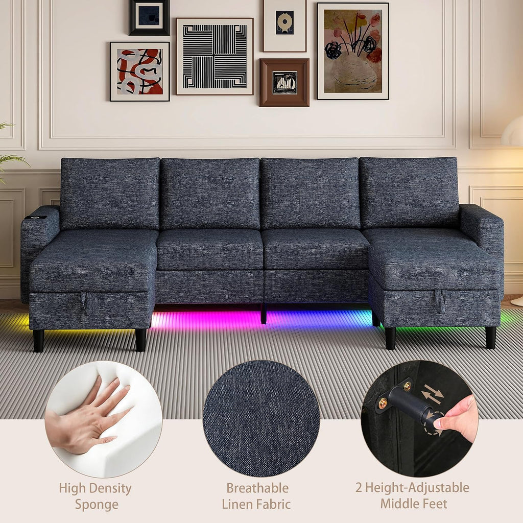 Sectional Couches for Living Room, 4 Seat Sectional Sofa with Smart Module-Wireless Charging/USB/Type-C/RGB Light, U Shaped Couch with Reversible Chaise Lounge/Storage Ottoman (Blue)
