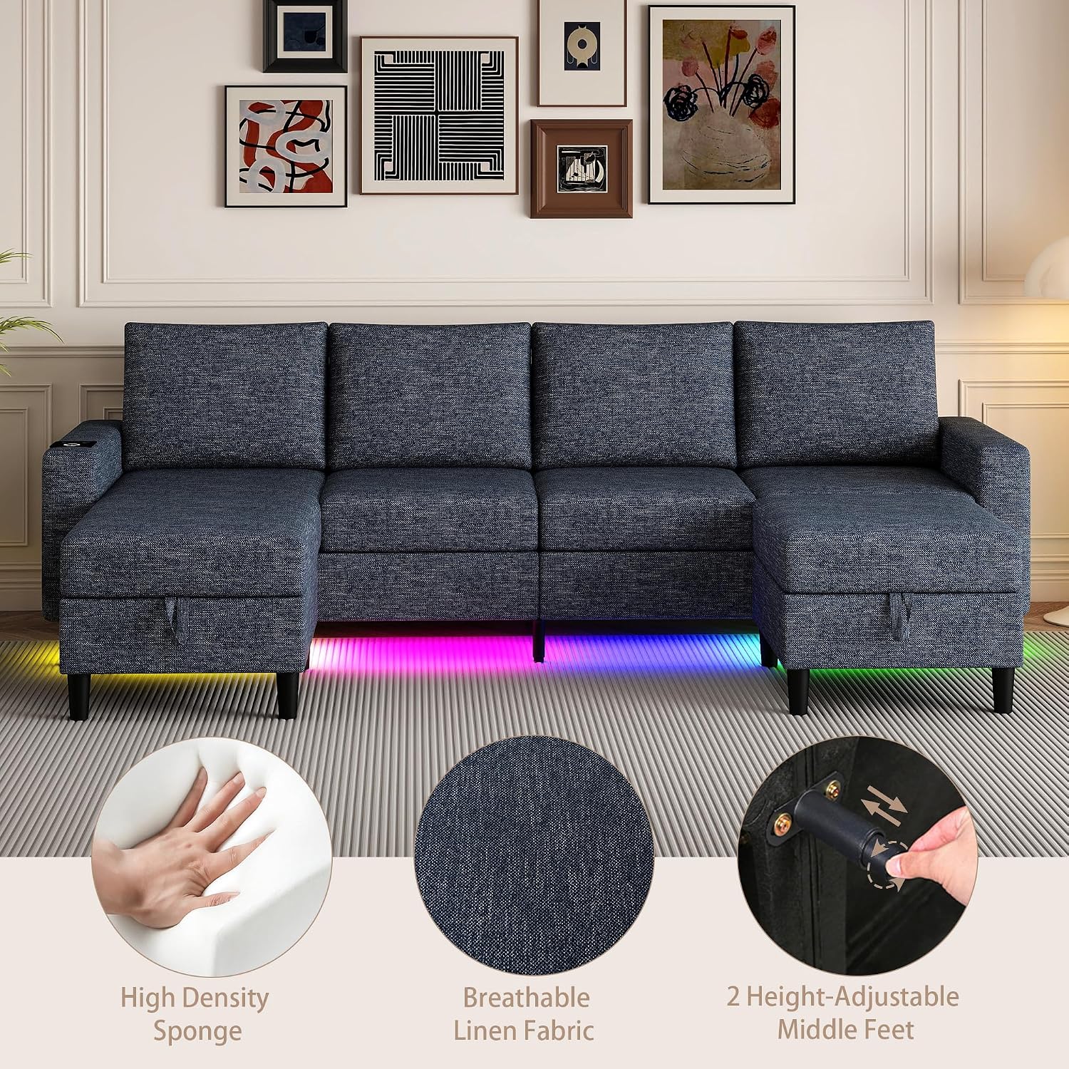 Sectional Couches for Living Room, 4 Seat Sectional Sofa with Smart Module-Wireless Charging/USB/Type-C/RGB Light, U Shaped Couch with Reversible Chaise Lounge/Storage Ottoman (Blue)