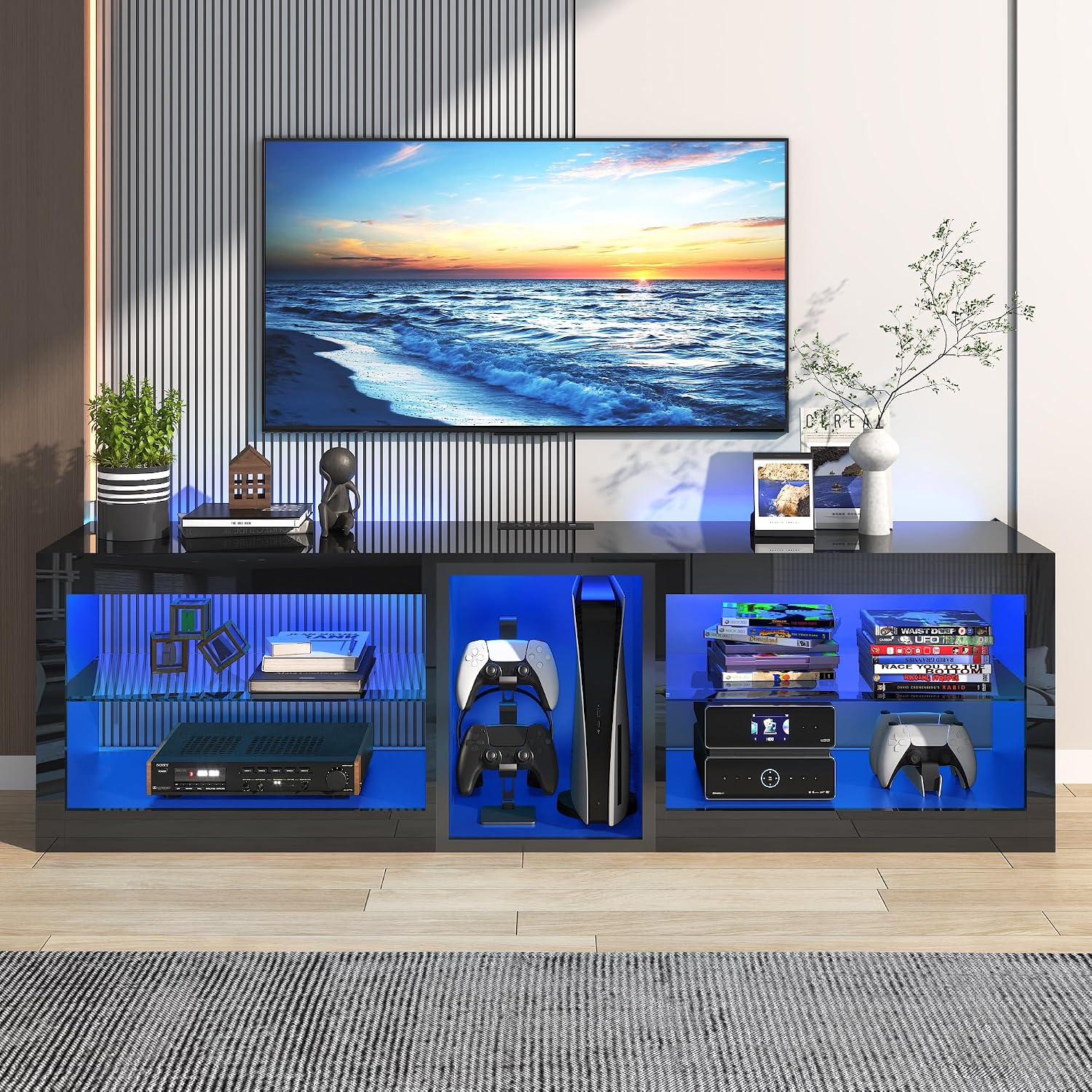 Vinctik 6&Fox LED TV Stands w/Power Outlet,60,00-Colors Lighting for 60 65in TV, 55' Modern High Gloss Entertainment Center,TV Console W/Adjustable Glass Shelves for Living Room Game Bedroom (Black)