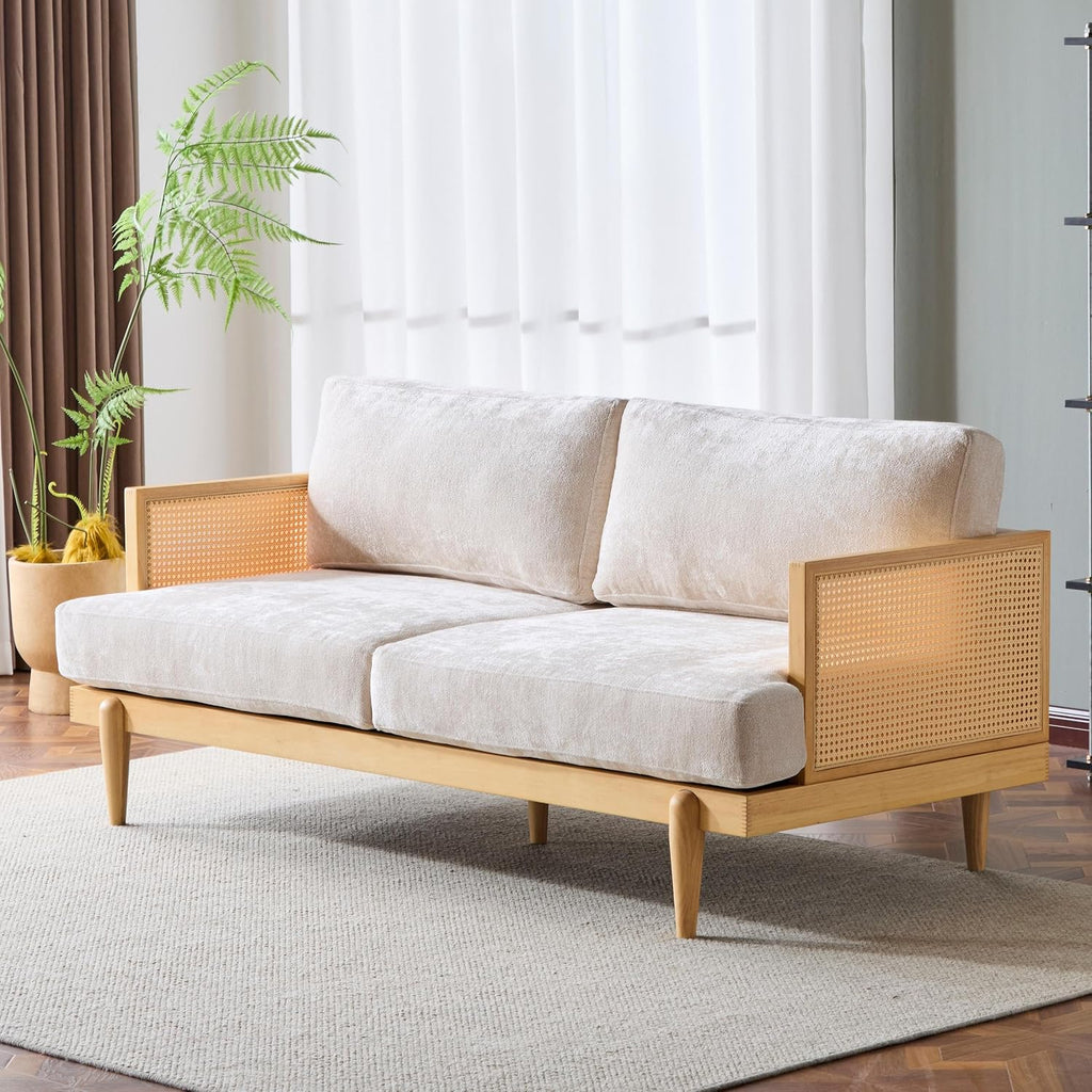 Merax 72' Spacious 2-Seater Sofa Couch with Armrests, Cane Rattan Wooden Frame Loveseat Sofa for Living Rooms, Bedrooms, Apartment, Office (Natural+Beige)