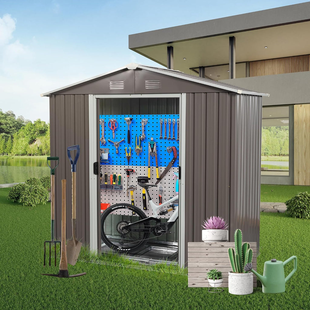 BNSPLY 8 x 4 FT Outdoor Storage Shed, Metal Garden Shed with Floor Frame, Tool Shed Outdoor Storage with Lockable Sliding Doors & Air Vents, Storage House Waterproof for Backyard, Lawn, Gray