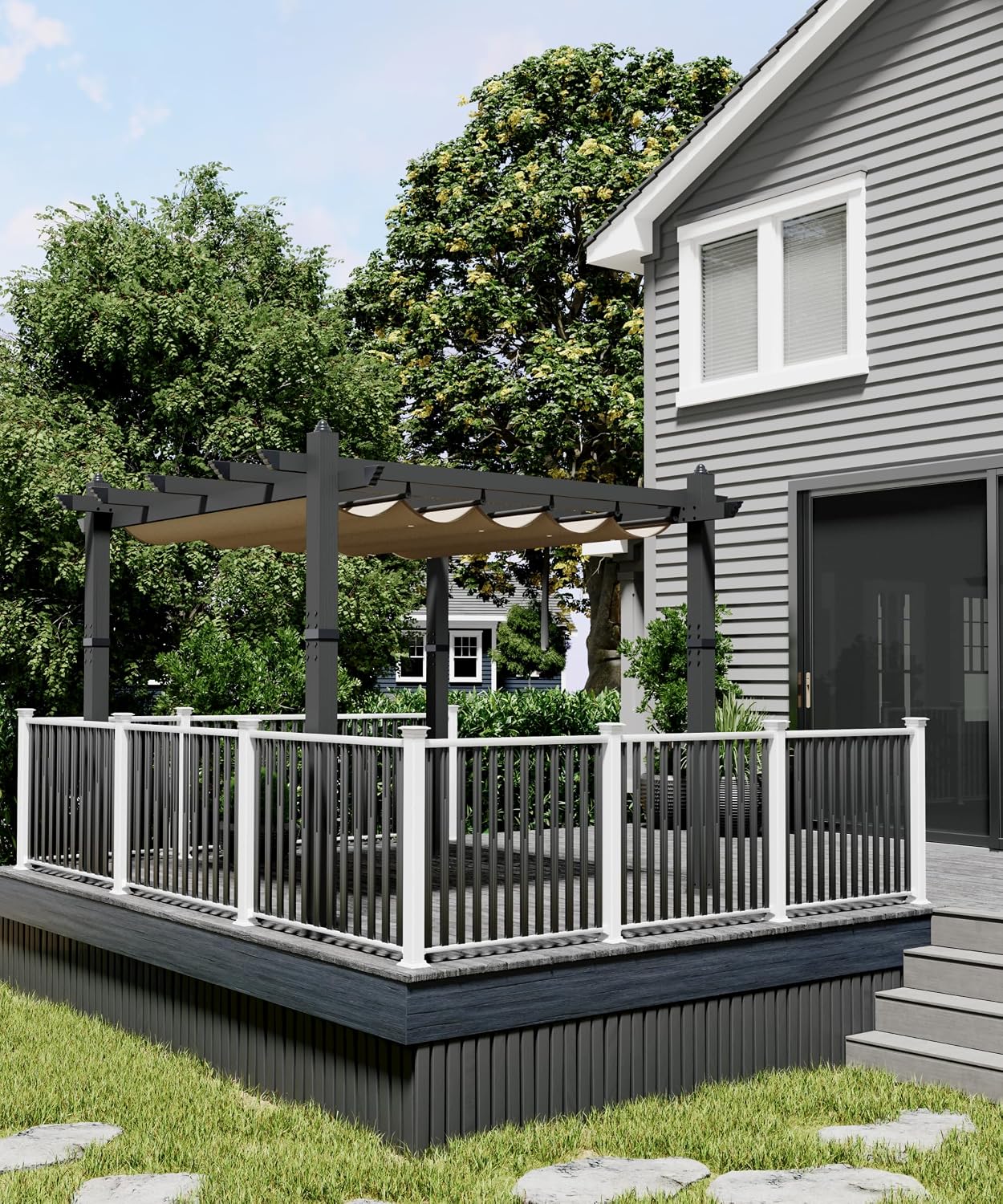 KYBOLT 10x10 Ft Modern Aluminum Pergola, Outdoor Pergola with Adjustable Canopy, Stable 4-Sided Base, Aluminum Gazebos for Backyard, Deck, Lawn - Khaki