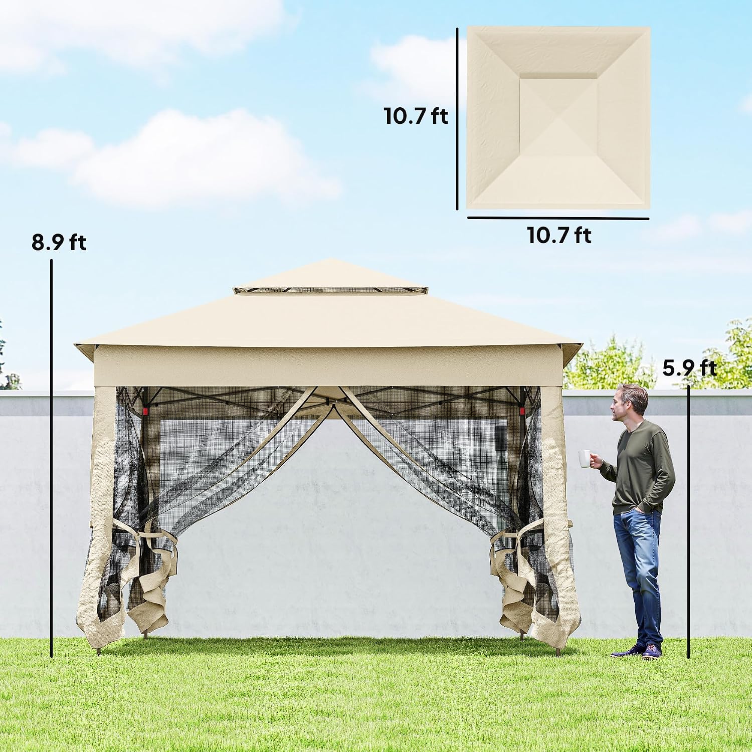 Outsunny 11' x 11' Pop Up Canopy, Outdoor Patio Gazebo Shelter with Removable Zipper Netting, Instant Event Tent w/ 114 Square Feet of Shade and Carry Bag for Backyard, Garden, Beige