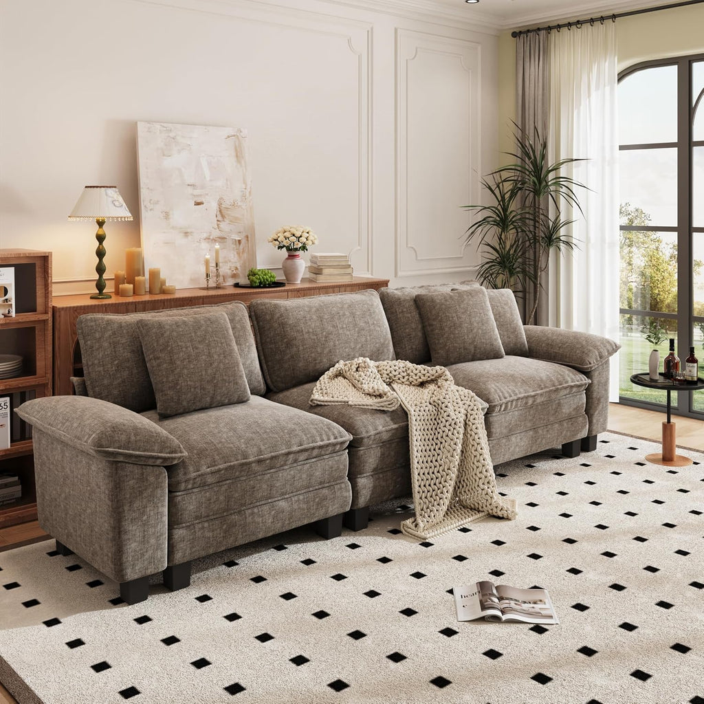 PHI VILLA Modern Modular Couches Sets, 123.6' Cloud Sectional Sofa with Upholstered Deep Seat, 3-Seater Couch for Living Room Small Spaces, Chenille Fabric, Smoky Grey