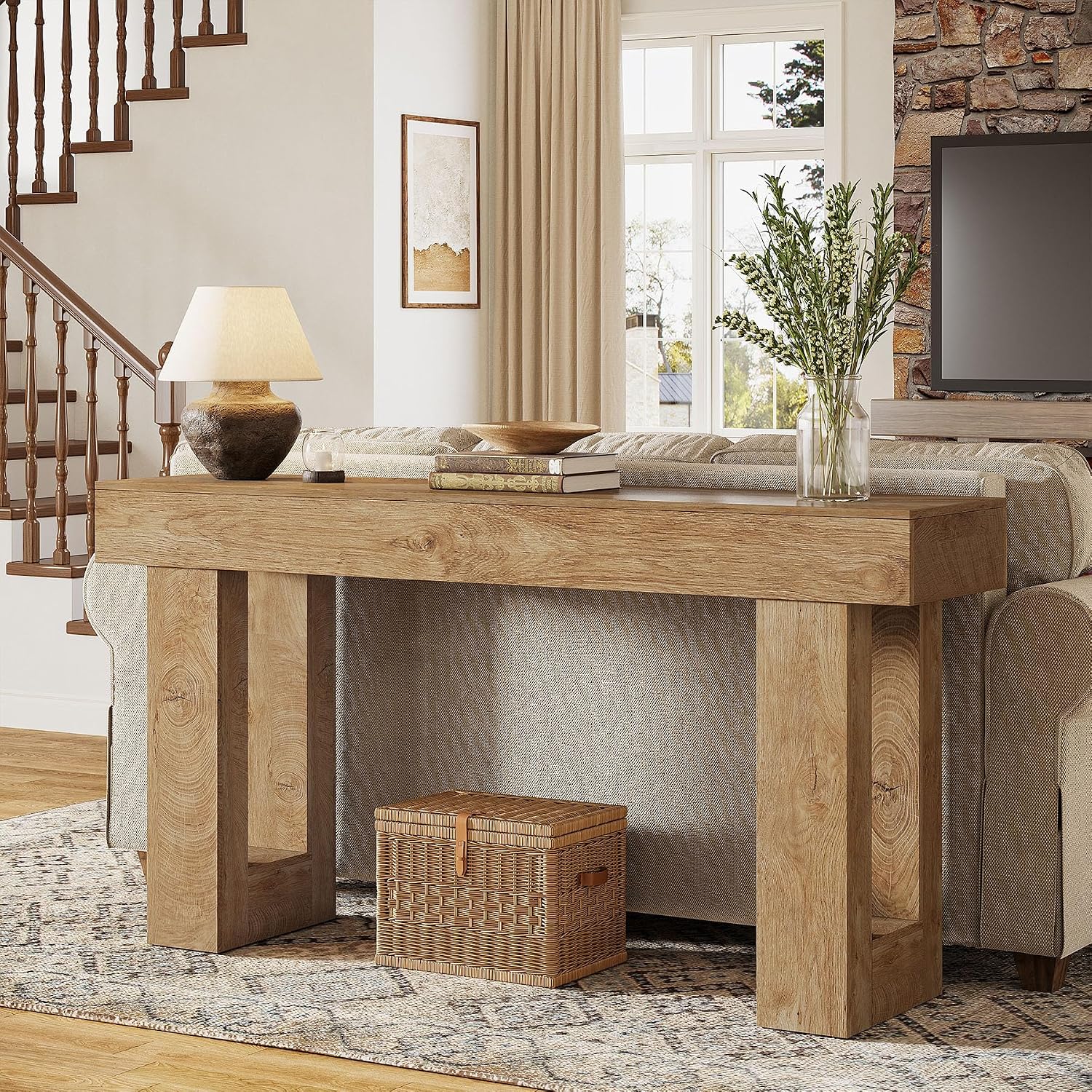 Tribesigns 63' Farmhouse Console Table, Natural Wooden Sofa Table Rectangular Accent Console for Entryway, Hallway & Living Room (Natural)