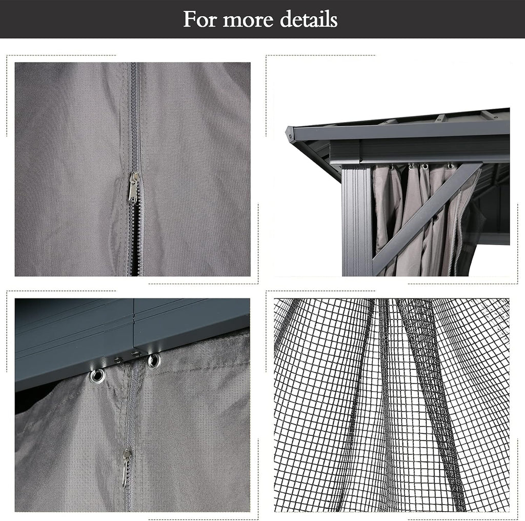 Ulax Furniture Outdoor Hardtop Gazebo Patio Aluminum Permanent Pergola with Galvanized Steel Roof, Mosquito Net and Privacy Curtain (10' x 10')