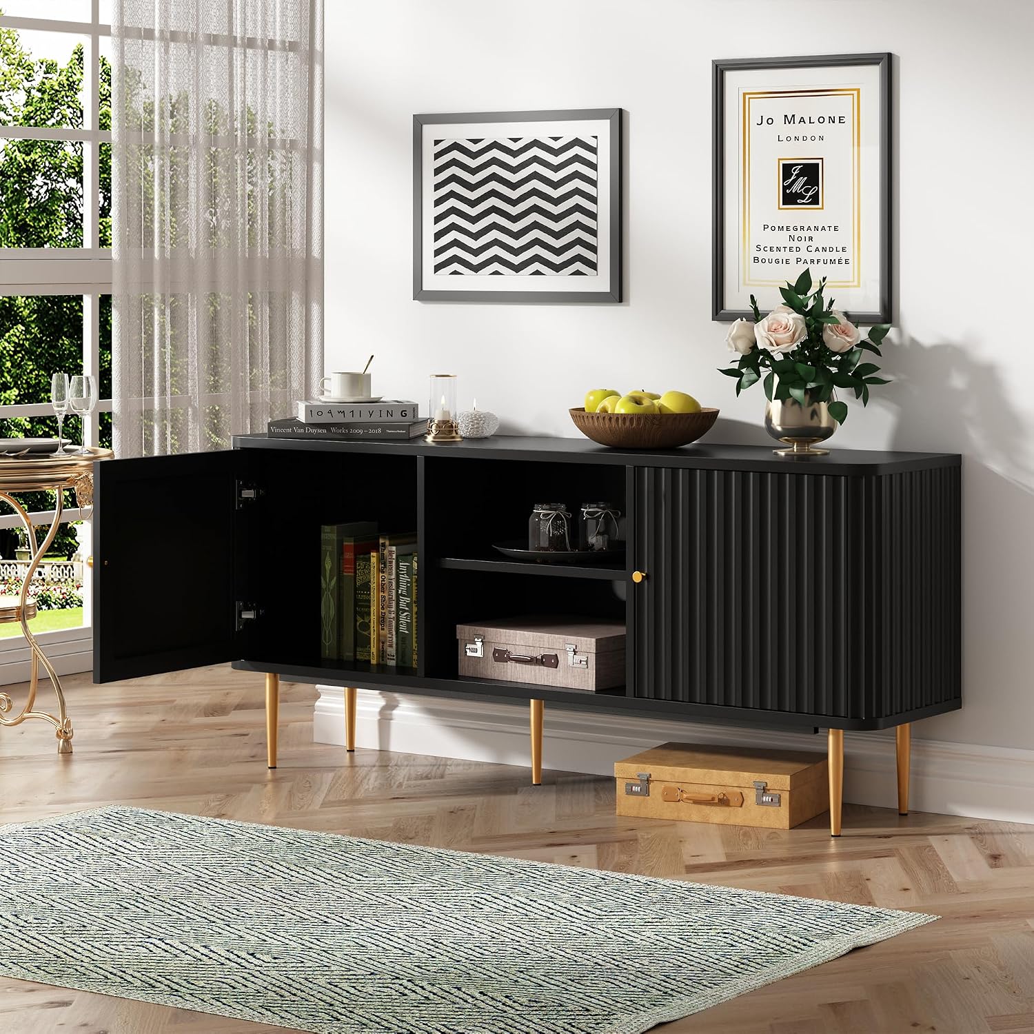 ARTPOWER 55' Fluted TV Stand, Mid Century Modern Black TV Stand for 55/60/65 inch TV, Entertainment Center with Storage, Television Stands, TV Console, Media Console for Living Room, Bedroom (Black)