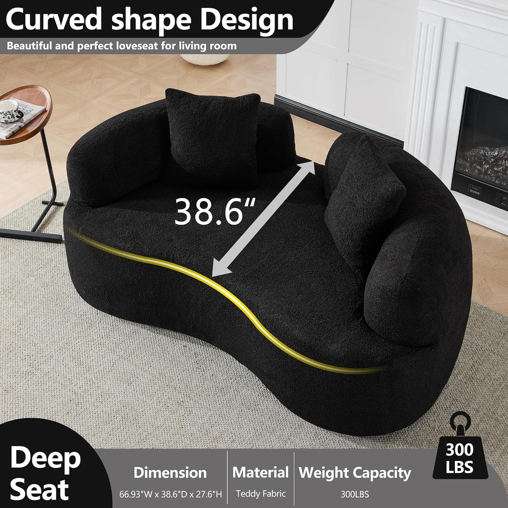 67'Curved Loveseat Sofa for Living Room, Deep Seat Love Seat Couch with 2 Throw Pillows, Modern Loveseat Adopt Teddy Fabric, Suitable Small Spaces The Cloud Loveseat, No Assembly Needed, Black