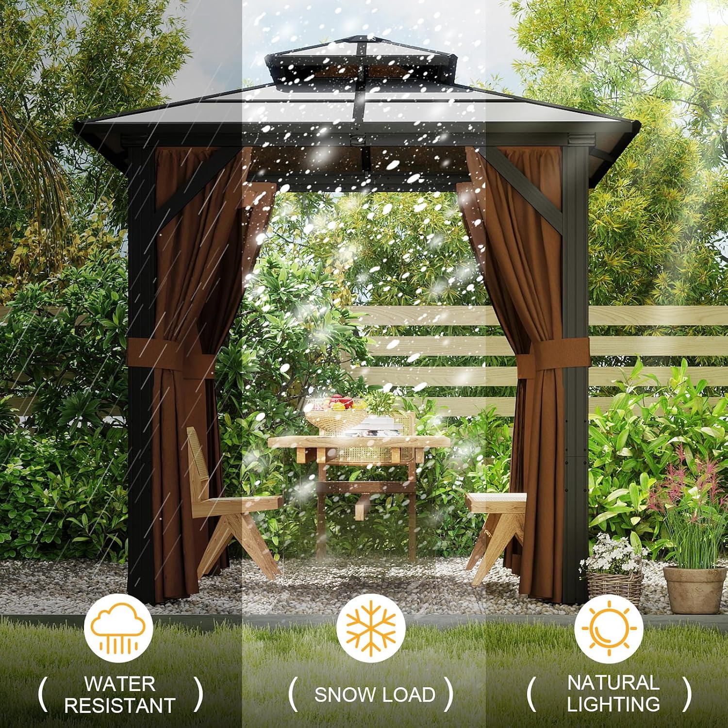 8' x 8' Double Roof Gazebo with Polycarbonate Panels – Sturdy Aluminum Frame, Outdoor Pavilion with Curtains for Patio, Garden & Backyard