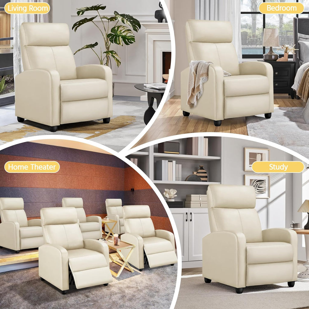 Yaheetech PU Leather Reclining Chair Single Sofa for Living Room Padded Seat with Pocket Spring for Small Space Living Room Bedroom Home Theater Beige
