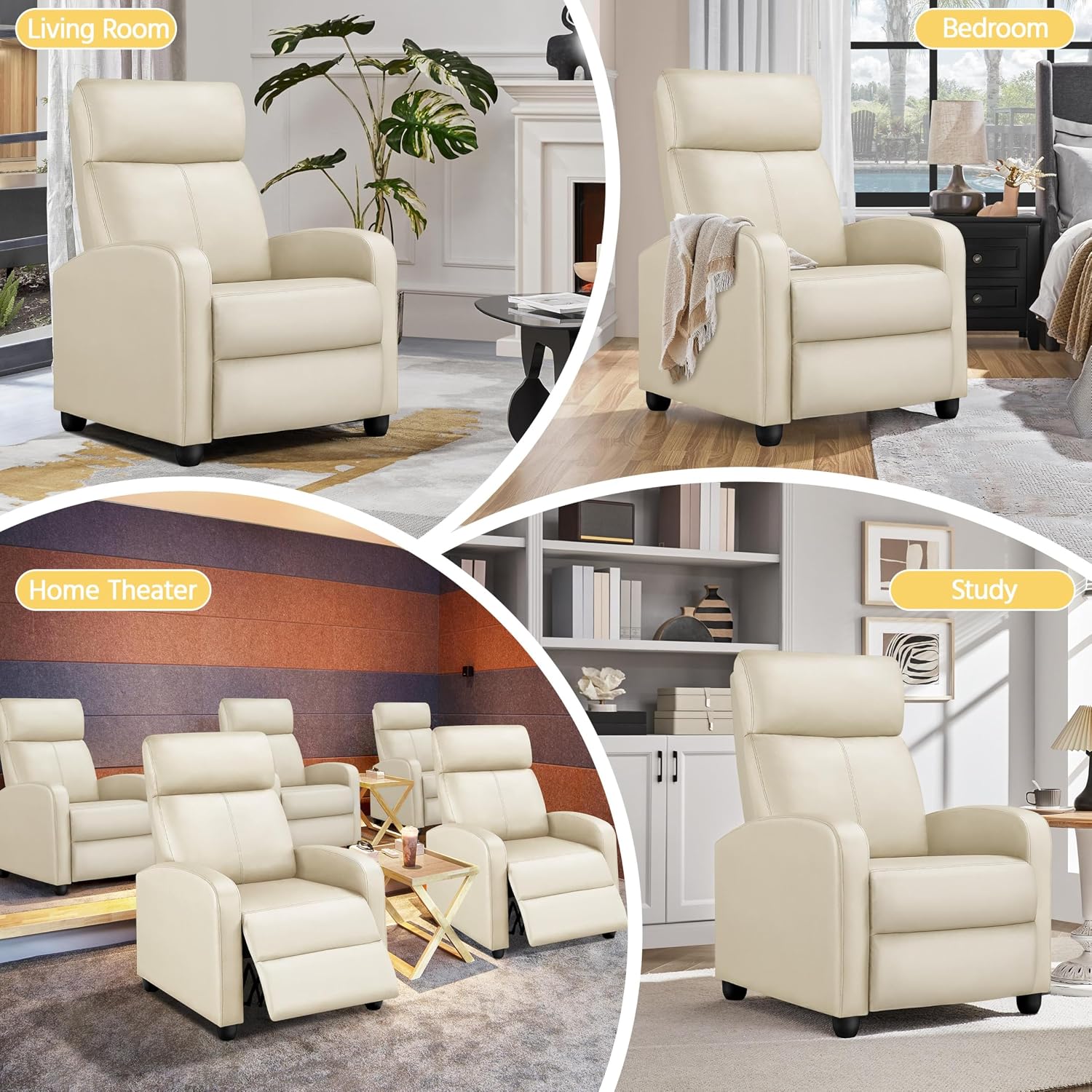 Yaheetech PU Leather Reclining Chair Single Sofa for Living Room Padded Seat with Pocket Spring for Small Space Living Room Bedroom Home Theater Beige
