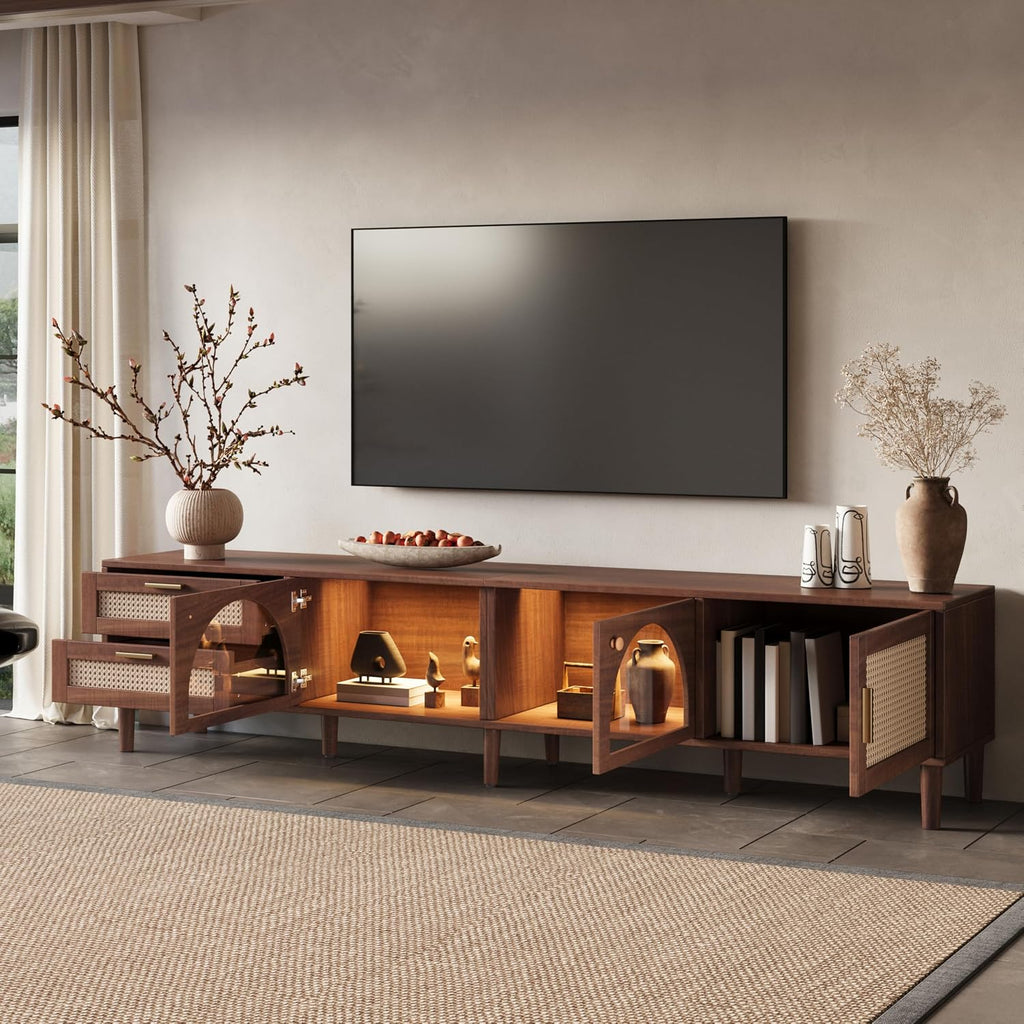 Merax Rattan TV Stand with LED Lights, 86' Entertainment Center with 3 Cabinets & 2 Drawers Media Console Table for TVs Up to 90', Solid Wood Feet, Living Room, Bedroom Furniture