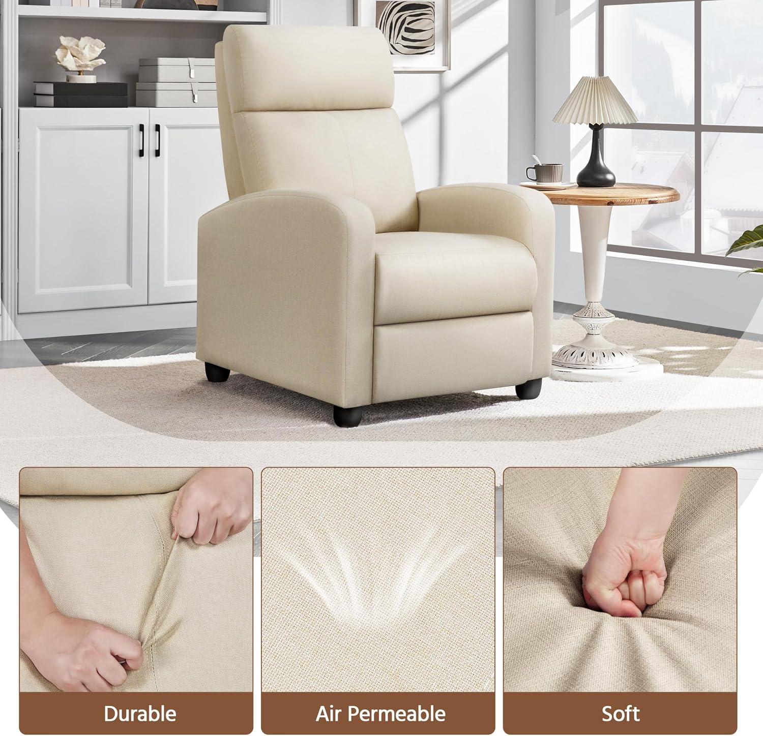 Yaheetech Modern Fabric Recliner Chair Sofa Adjustable Single Sofa with Thicker Seat Cushion and Backrest for Living Room Home Theater, Beige