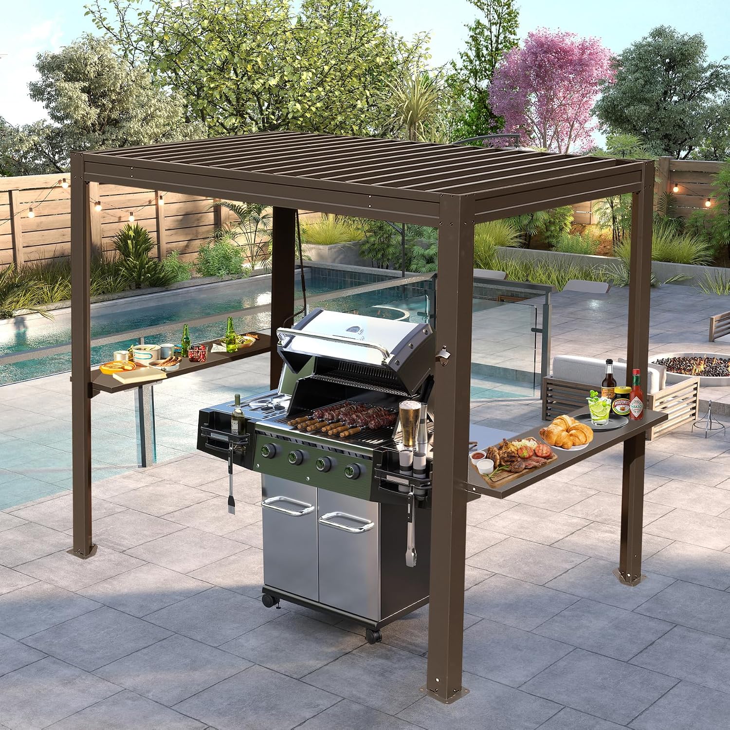 8x5 FT Grill Louvered Pergola for Outdoor Grill, Hardtop Grill Pergola with Built-in Gutter & Adjustable Rainproof Roof, Metal Shelter Gazebo for Patio Backyard Deck -Brown