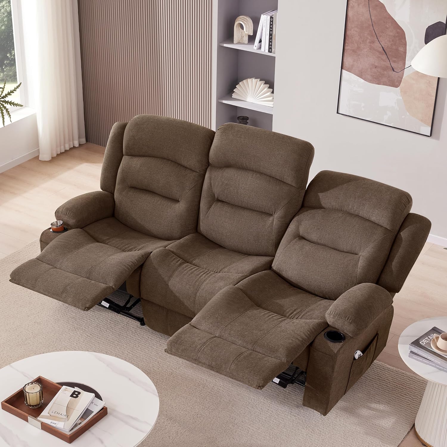 Oversized Recliner Sofa with Massage and Heat, Large Big 3-Seater RV Recliner Couch Sofa for Living Room, Wall-Hugger Reclining Sofa with Cup Holders and USB Port (Fabric, Brown)