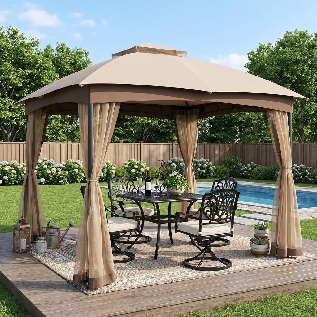 FAB BASED 10x10 Gazebo for Patio, Double Vent Canopy Gazebo with Netting, Screen Patio Gazebo Heavy Duty (Khaki)