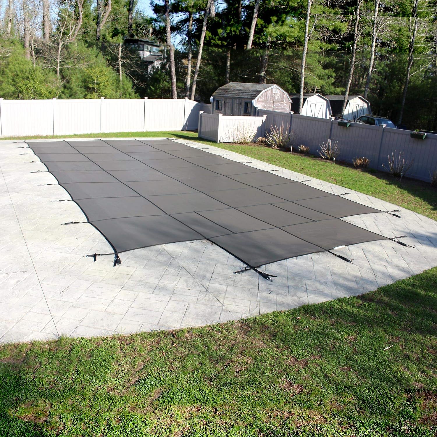 Pool Mate 1428CS-90YPM Gray Mesh Safety Cover for 14 ft. x 28 ft. with 4 ft. x 8 ft. Center End Step Swimming Pool