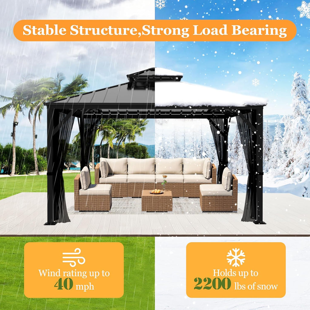 BlueWish 10x10 FT Hardtop Gazebo Canopy with Double Galvanized Steel Roof, Permanent Outdoor Pavilion with Mesh Netting for Patio. Garden, Backyard, Black