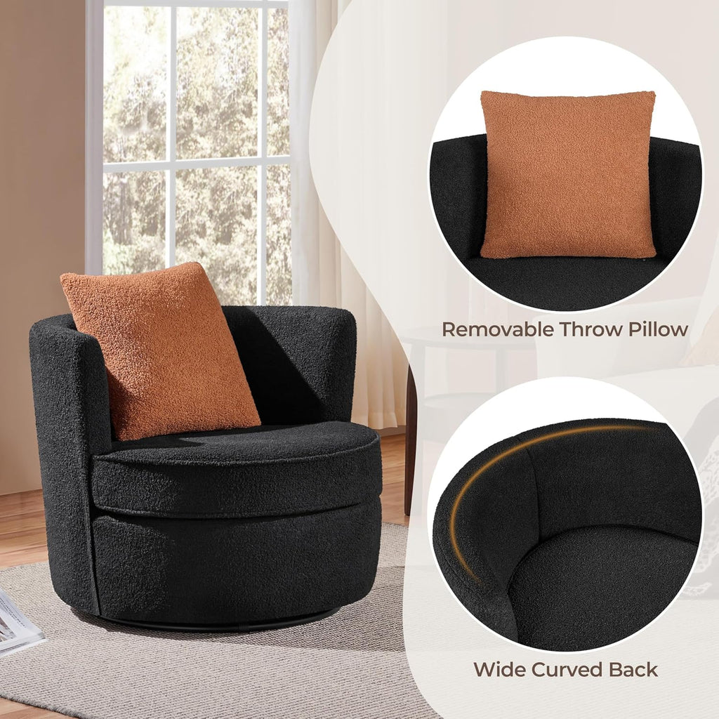Yaheetech Swivel Barrel Accent Chair, 360 Degree Swivel Round Chairs with Removable Throw Pillow, Soft Boucle Single Arm Sofa for Living Room Bedroom Reading, Black
