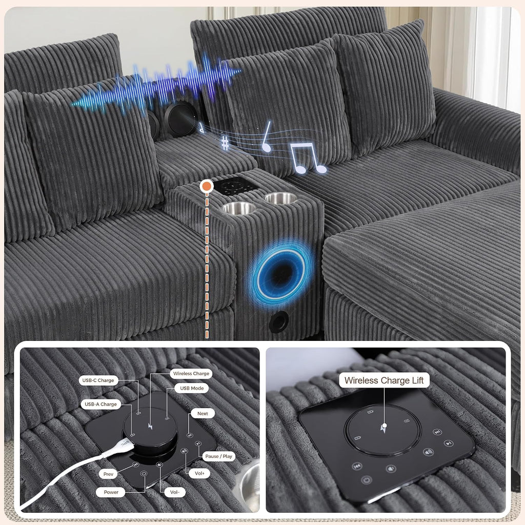 MAKIAAP 83' Corduroy Sectional Modular Couch with Speakers, Comfy Deep Seat Loveseat Sofa with Movable Ottoman, Console, USB Charger, Cup Holders, Storage for Living Room (Gray, 83in)