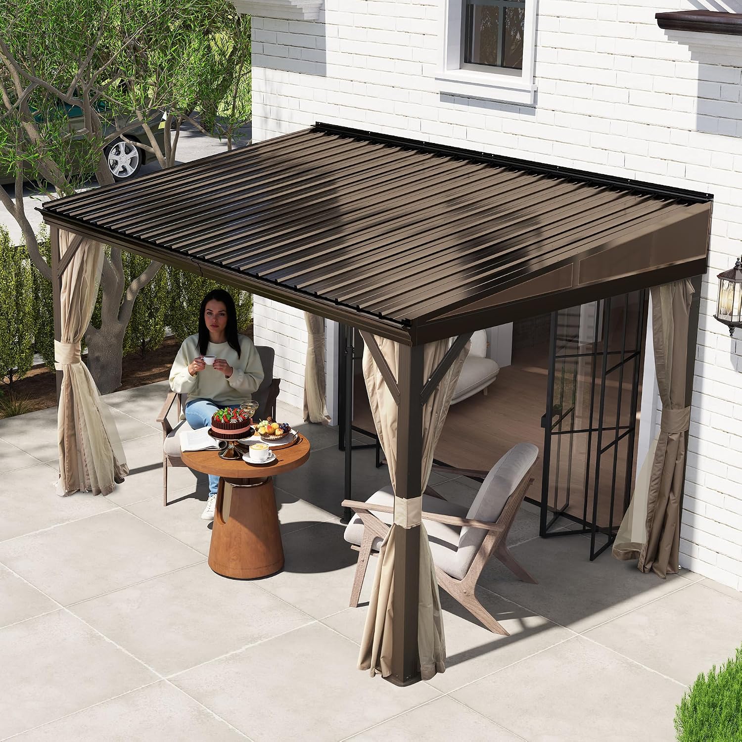 Domi 8x12FT Lean to Gazebo, Aluminum Wall Mounted Gazebo with Sloping Galvanized Steel Roof, Curtains and Netting, Outdoor Hardtop Shelter for Patio, Deck, Garden, Backyard