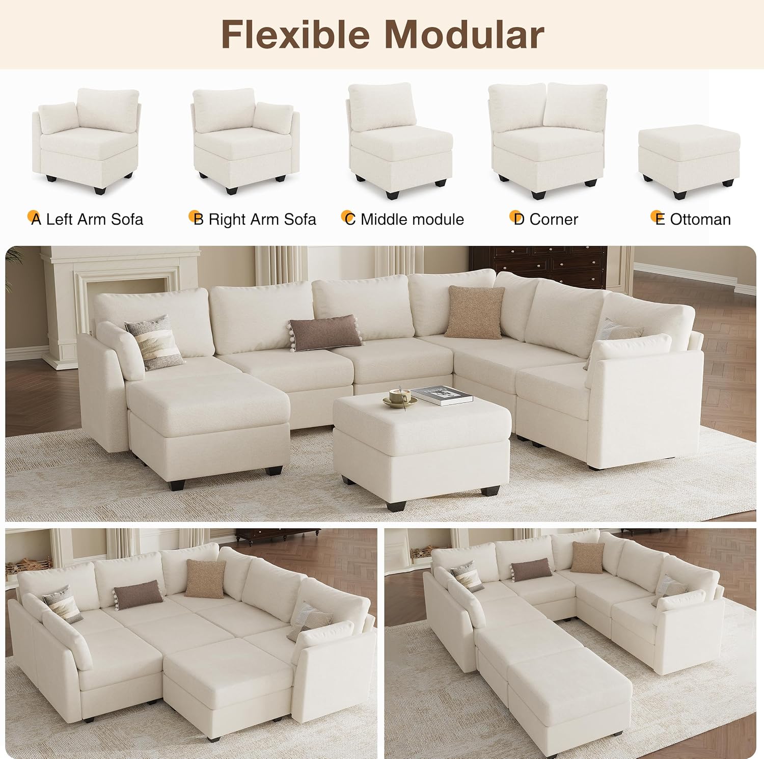 Modular Sectional Sofa Couches, Large Convertible Modular Couches with Storage, 8-Seater Sectional Sofa for Living Room, U Shaped Sectional Couch Sleeper Sofa with Chaise (Beige, 8 Seats)