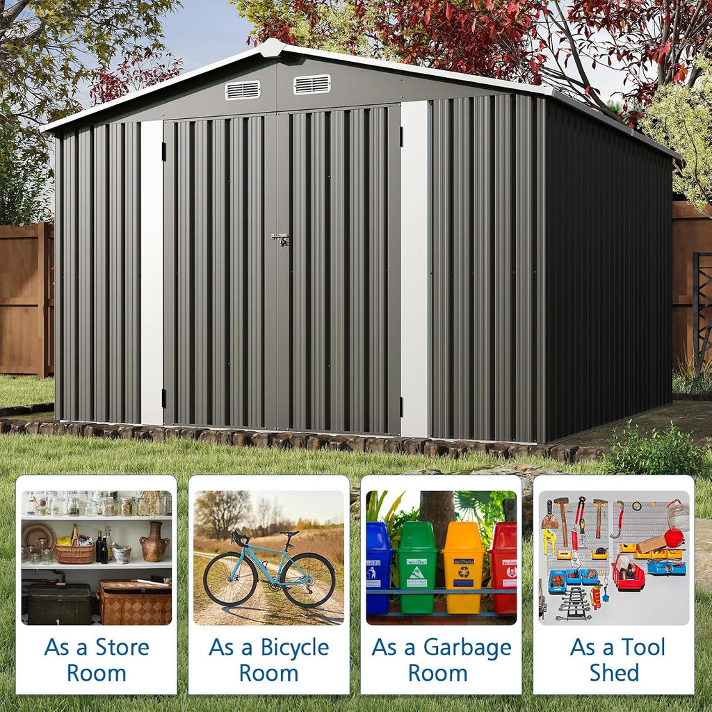 10x10FT Black Metal Storage Shed, Durable Outdoor Tool Shed with Sturdy Steel Construction, Ideal for Backyard, Garden, or Lawn