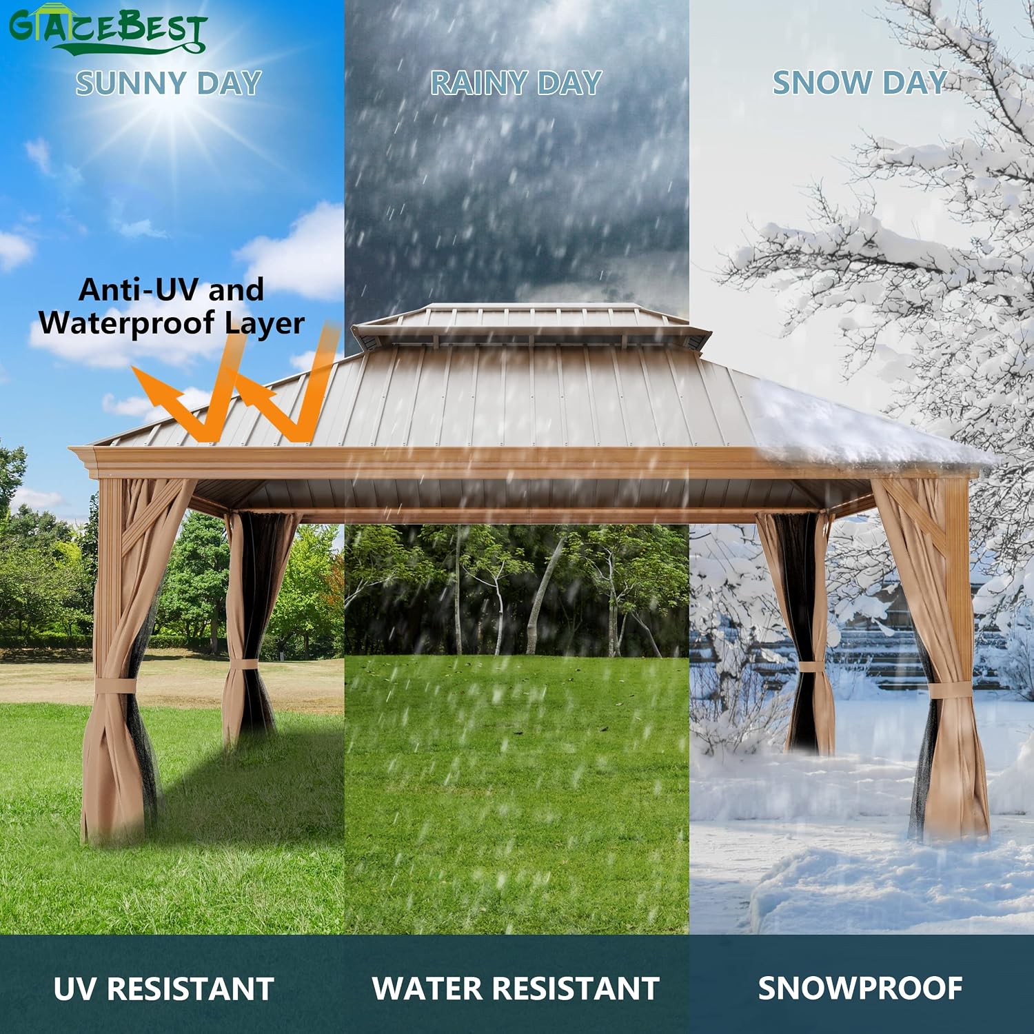 12'x16' Hardtop Gazebo, Outdoor Aluminum Patio Gazebo Double Roof Galvanized Steel Canopy Wooden Finish Coated with Netting and Curtains for Garden, Backyard, Deck and Lawns.