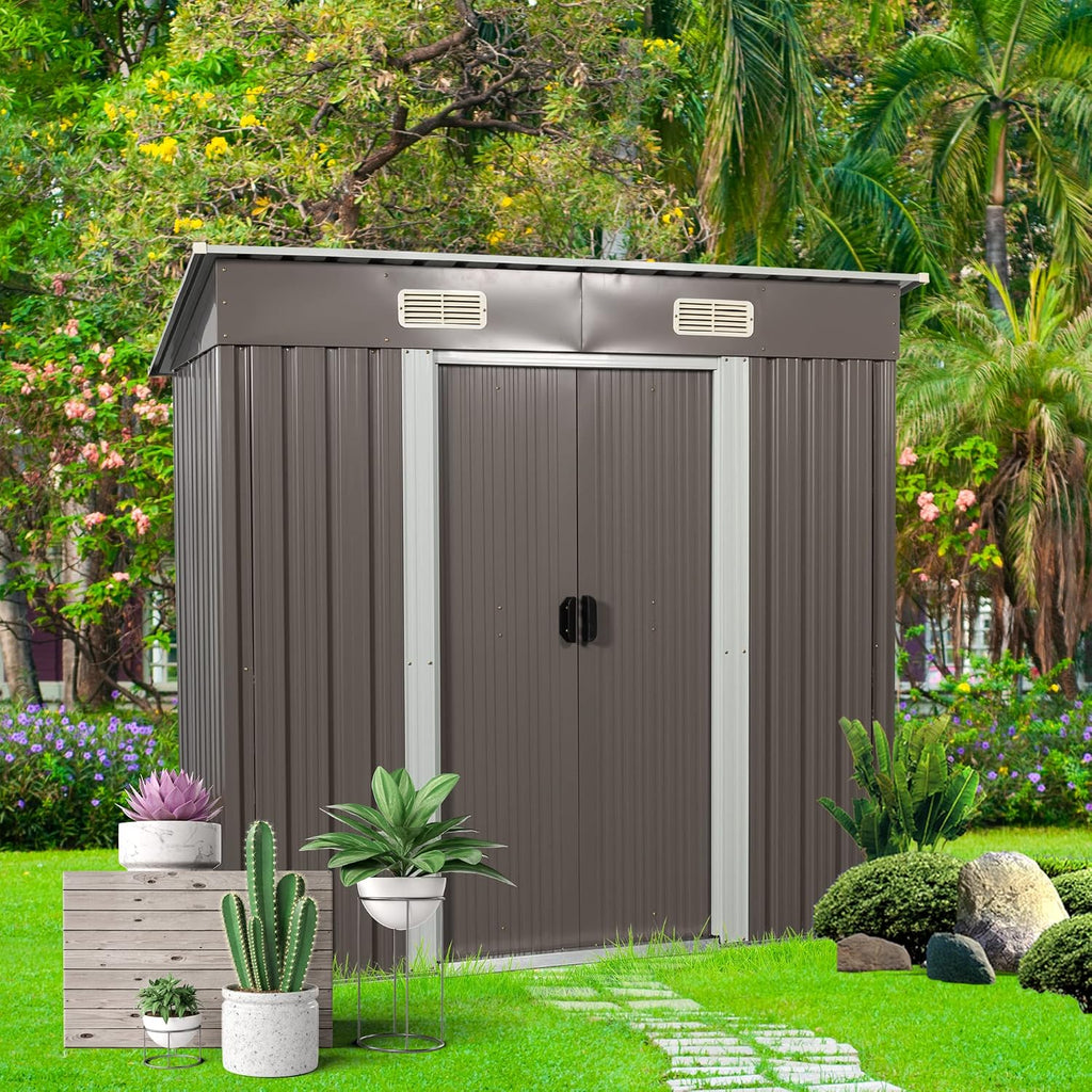 6X4 FT Outdoor Storage Shed, Waterproof Metal Garden Sheds with Lockable Door, Steel Tool Storage Buildings Shed & Outdoor Storage House for Garden, Backyard, Patio, Lawn, Trash Cans(Brown)