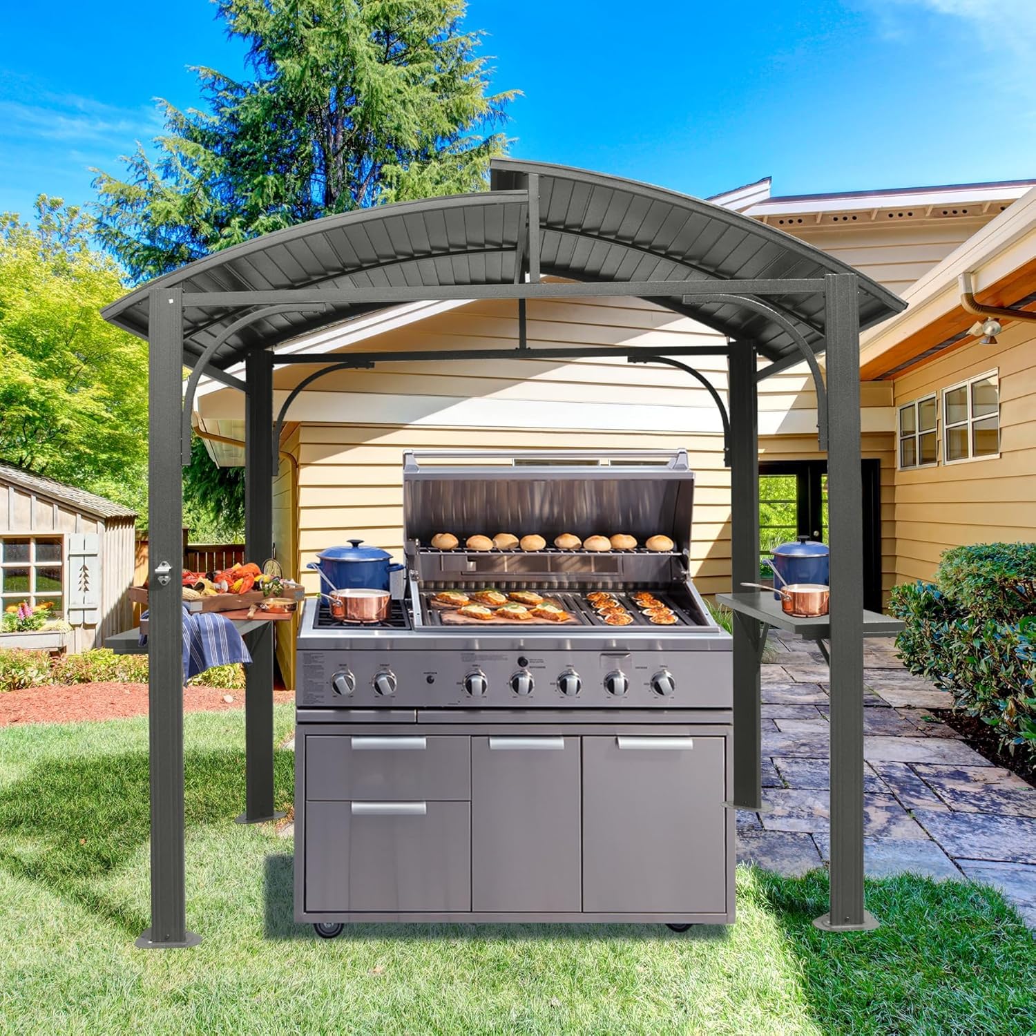 8x5FT Arc Roof, Grill Canopy for Outdoor Grill w,Double Galvanized Steel Roof and 2 Side Shelves, BBQ Gazebo Grill Tent for Patio GBackyard, Grey