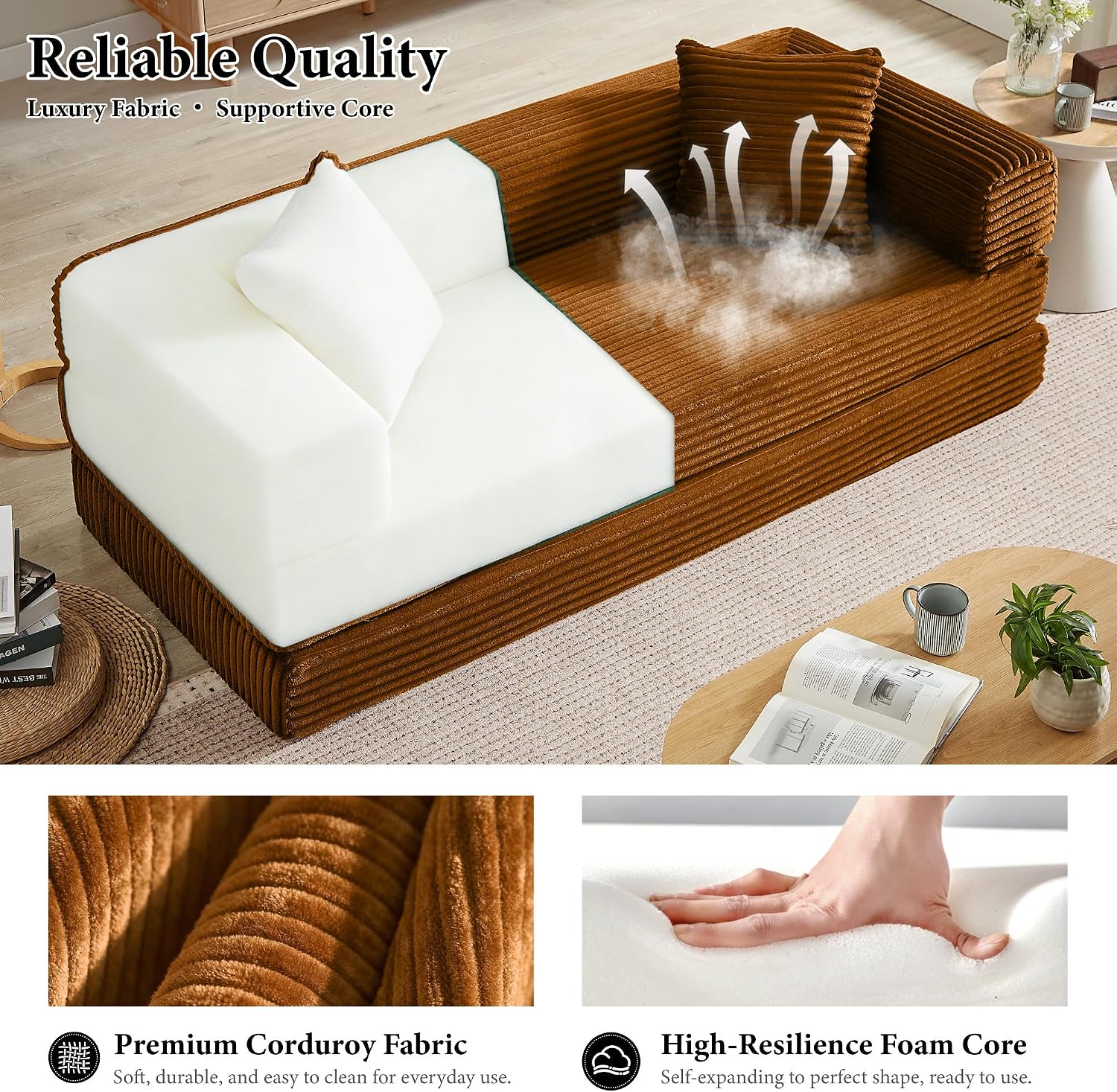 Boneless Couch Futon Sofa Bed Sectional Couches for Living Room,Cloud Couch with Sleeper Sofa,Sofas for Living Room Oversized Corduroy Upholstered (Orange, 76 Inches (No Iron Frame))