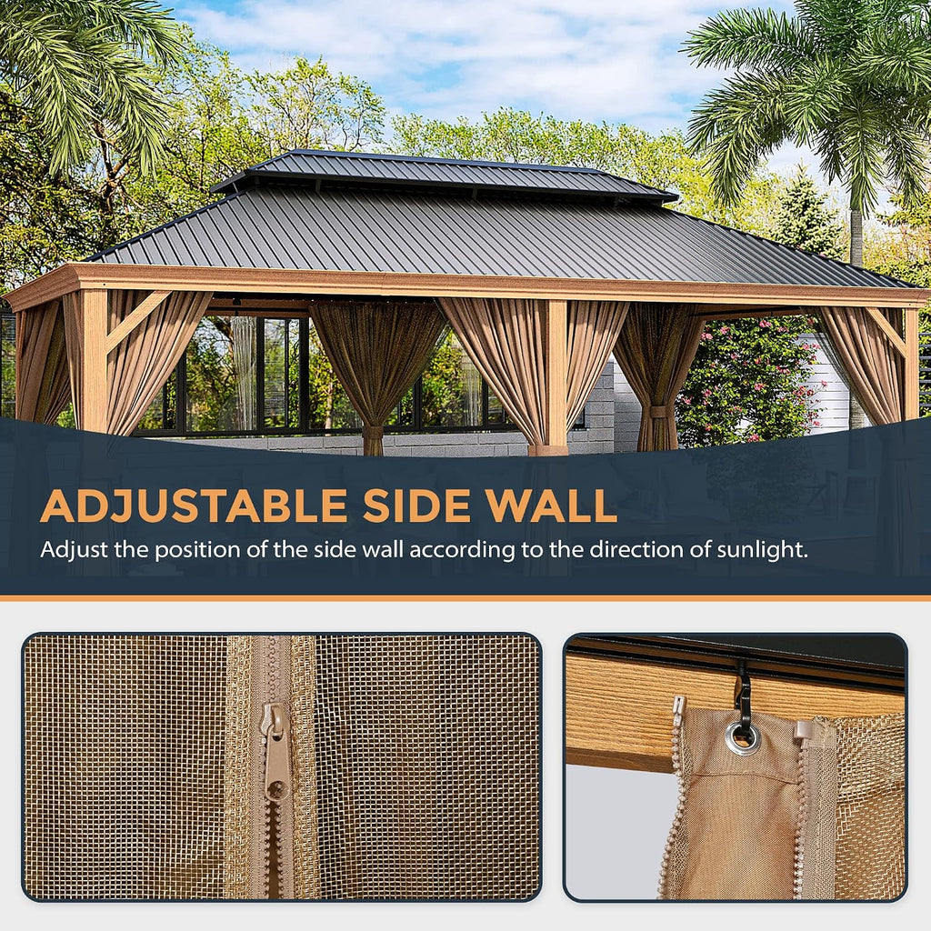 HAPPATIO 12' x 20' Hardtop Gazebo, Outdoor Wood Grain Frame Aluminum with Galvanized Steel Double Roof, Patio Metal Gazebo Canopy with Netting and Curtains for Patio, Deck, Backyard (Beige)