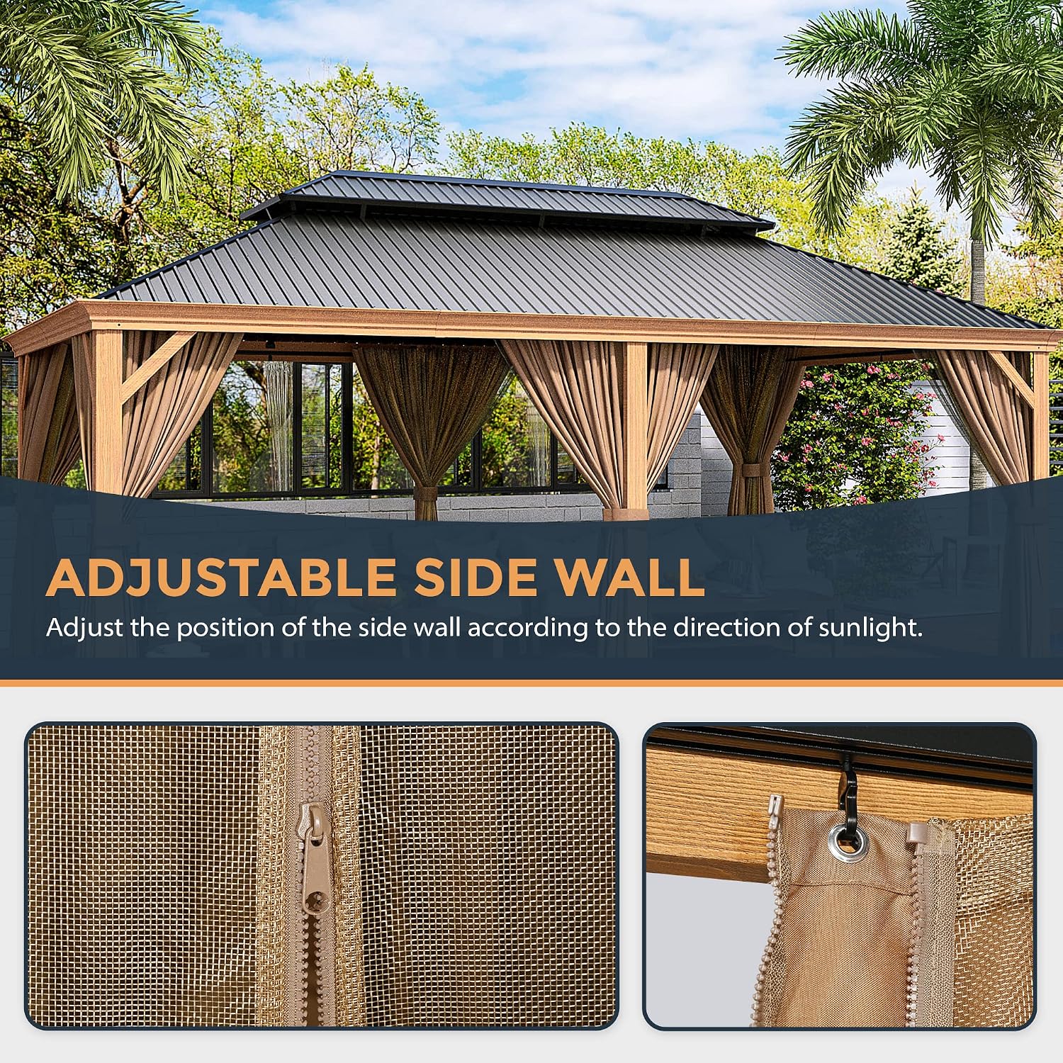 HAPPATIO 12' x 20' Hardtop Gazebo, Outdoor Wood Grain Frame Aluminum with Galvanized Steel Double Roof, Patio Metal Gazebo Canopy with Netting and Curtains for Patio, Deck, Backyard (Beige)