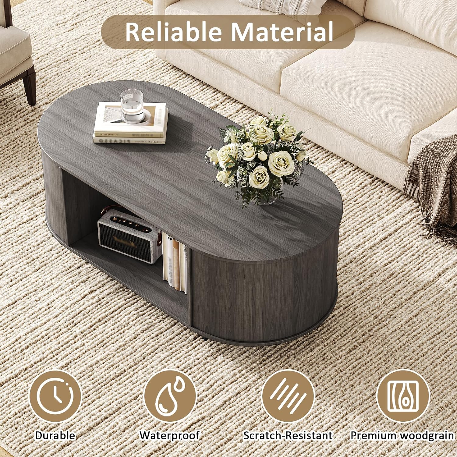 Coffee Table and TV Stand Set of 2,76.4'' Modern TV Console,Entertainment Center with 3 Drawers,Modern Oval Coffee Table with Storage, Wood Center Tables for Living Room, Bedroom, Home Office, Grey