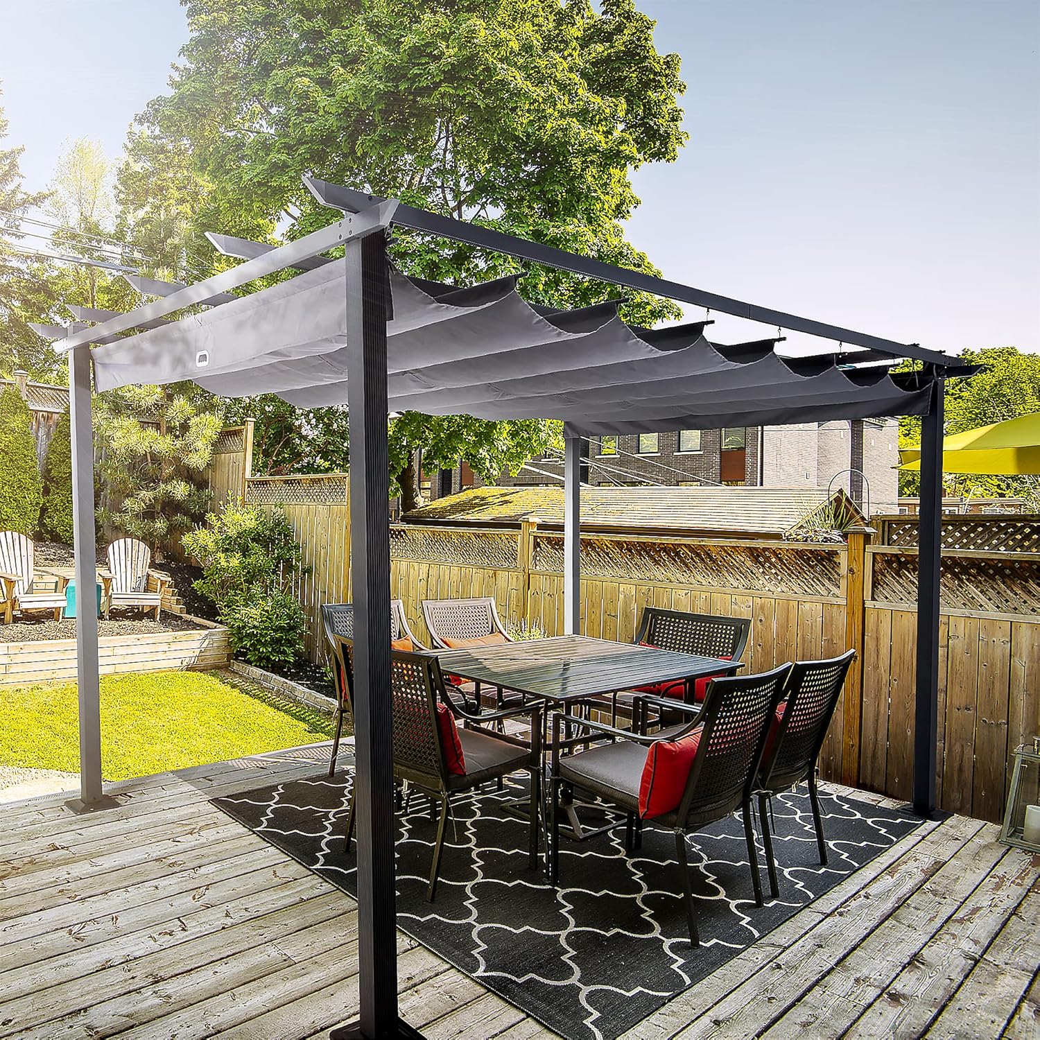 HAPPATIO 10' X 13' Outdoor Retractable Pergola Canopy for Deck, Backyard, Patio, Aluminum Pergola with Sun Canopy, Includes Ground Studs and Expansion Screws (Grey)