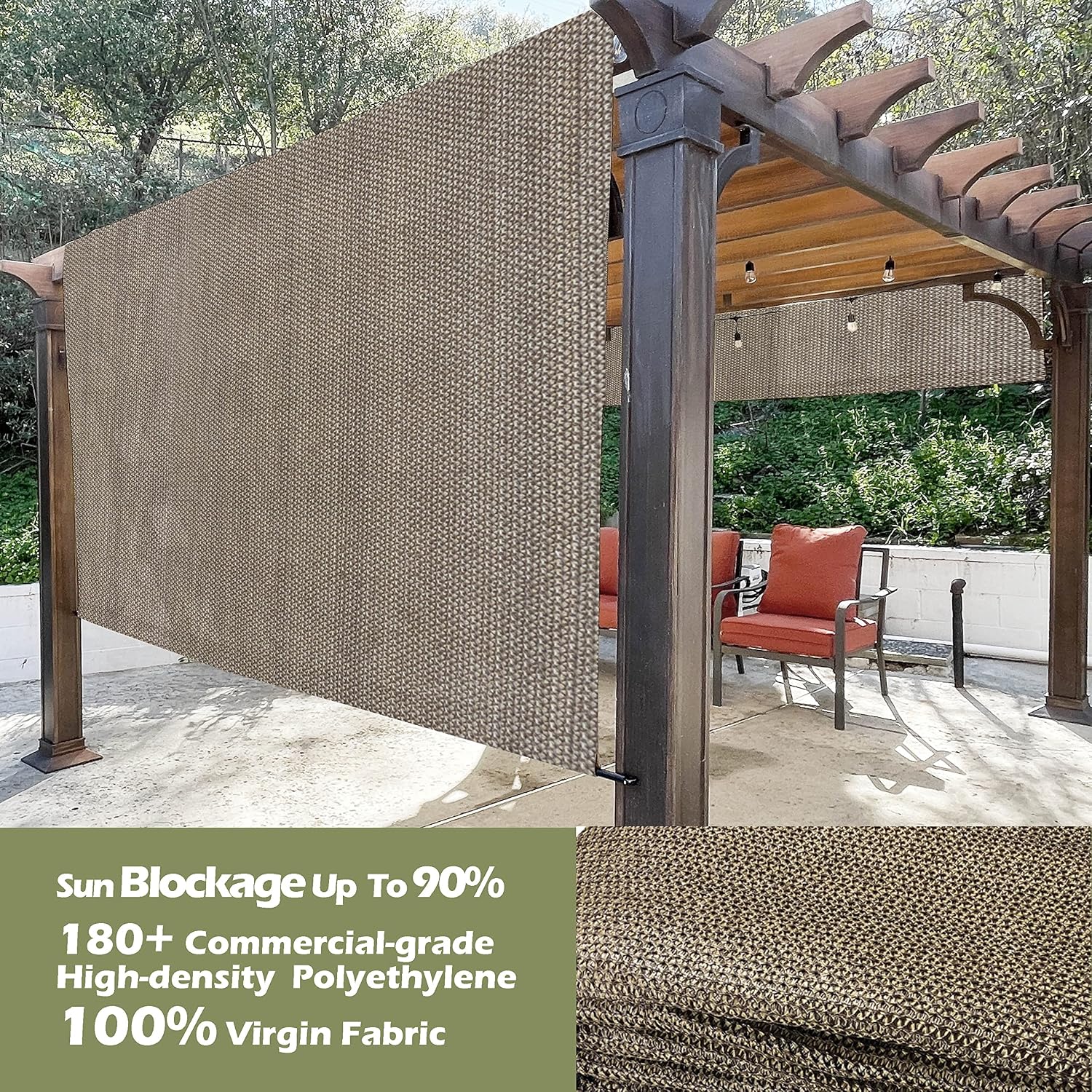 Universal Pergola Replacement Canopy Shade Cover with Breathable HDPE Fabric & Rod Pockets for 10 x 10 FT Pergola, Canopy Size: 192'' L x 106'' W (Walnut)